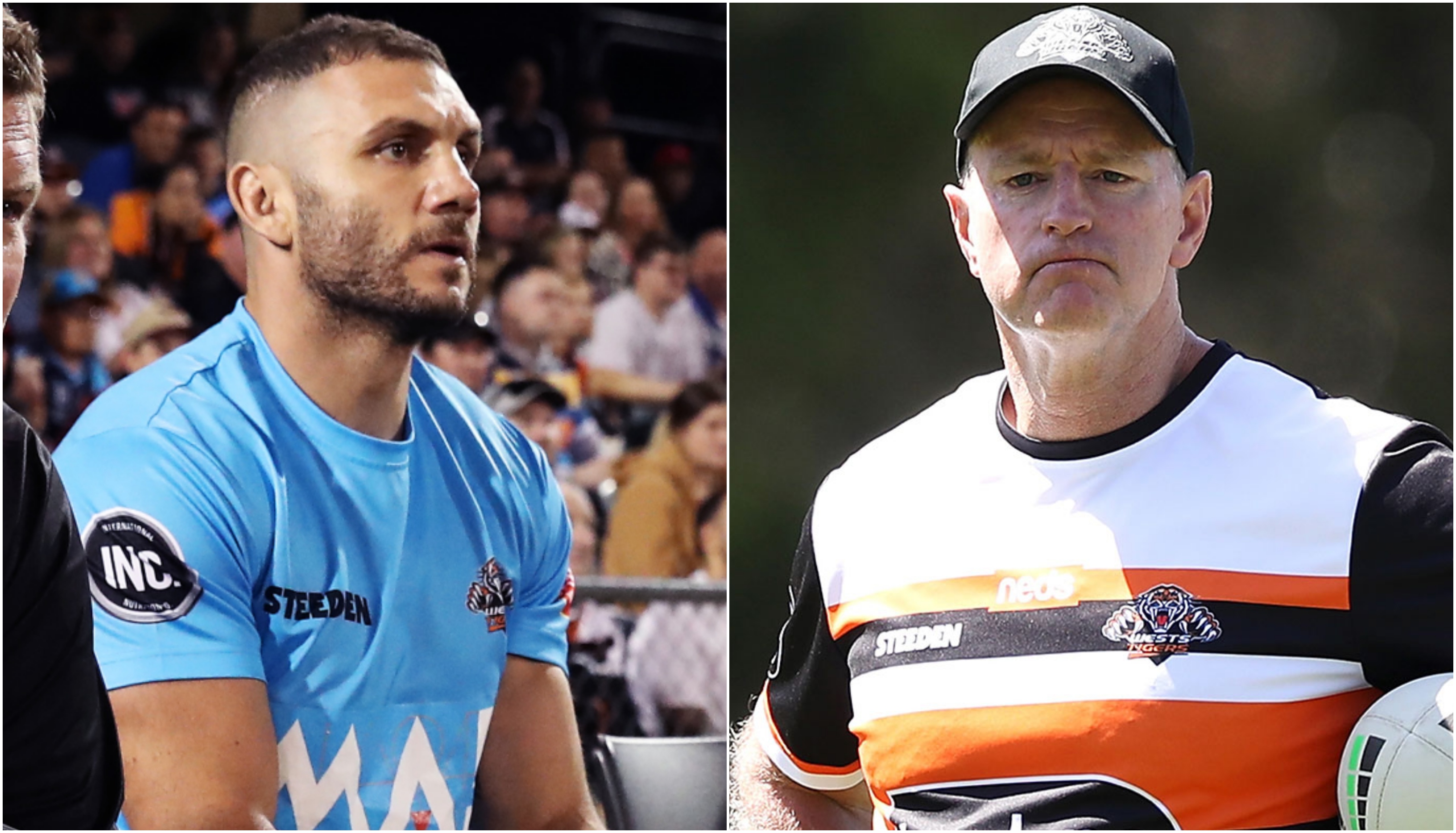 Robbie Farah and Wests Tigers coach Michael Maguire.