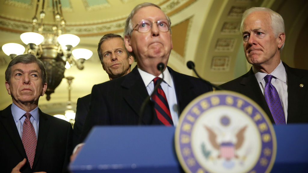 US Senate Minority Leader Mitch McConnell, Senate Minority Whip John Cornyn, Roy Blunt John Thune  respond to a report on CIA's use of torture. (Getty Images)
