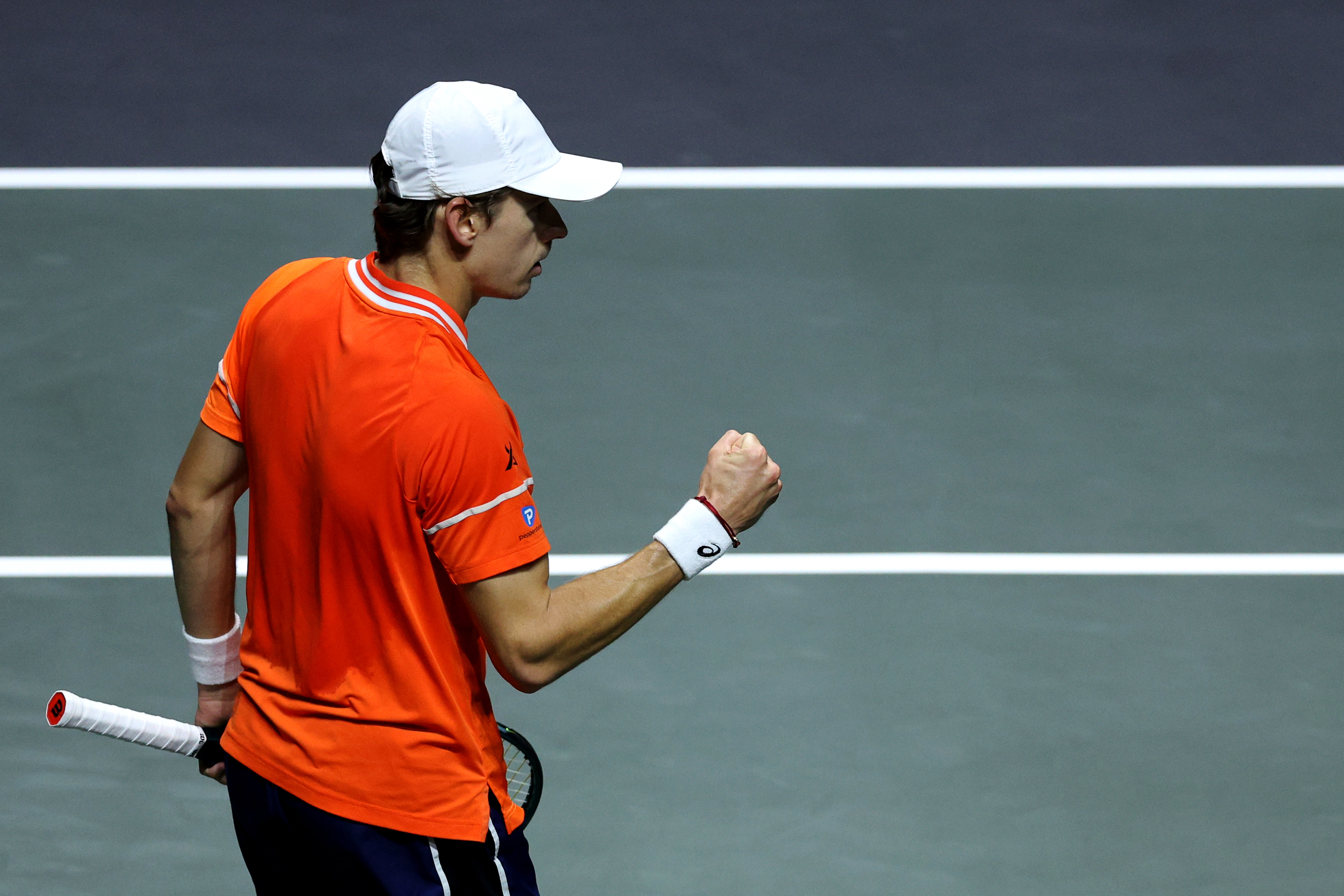 Alex de Minaur of Australia celebrates a point against Grigor Dimitrov of Bulgaria during their semi final match on day 6 of the ABN AMRO Open at Rotterdam Ahoy on February 17, 2024 in Rotterdam, Netherlands. (Photo by Dean Mouhtaropoulos/Getty Images)