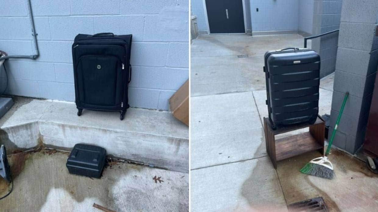 Valerie Szybala compartió imágenes de maletas afuera de un edificio de concreto.
