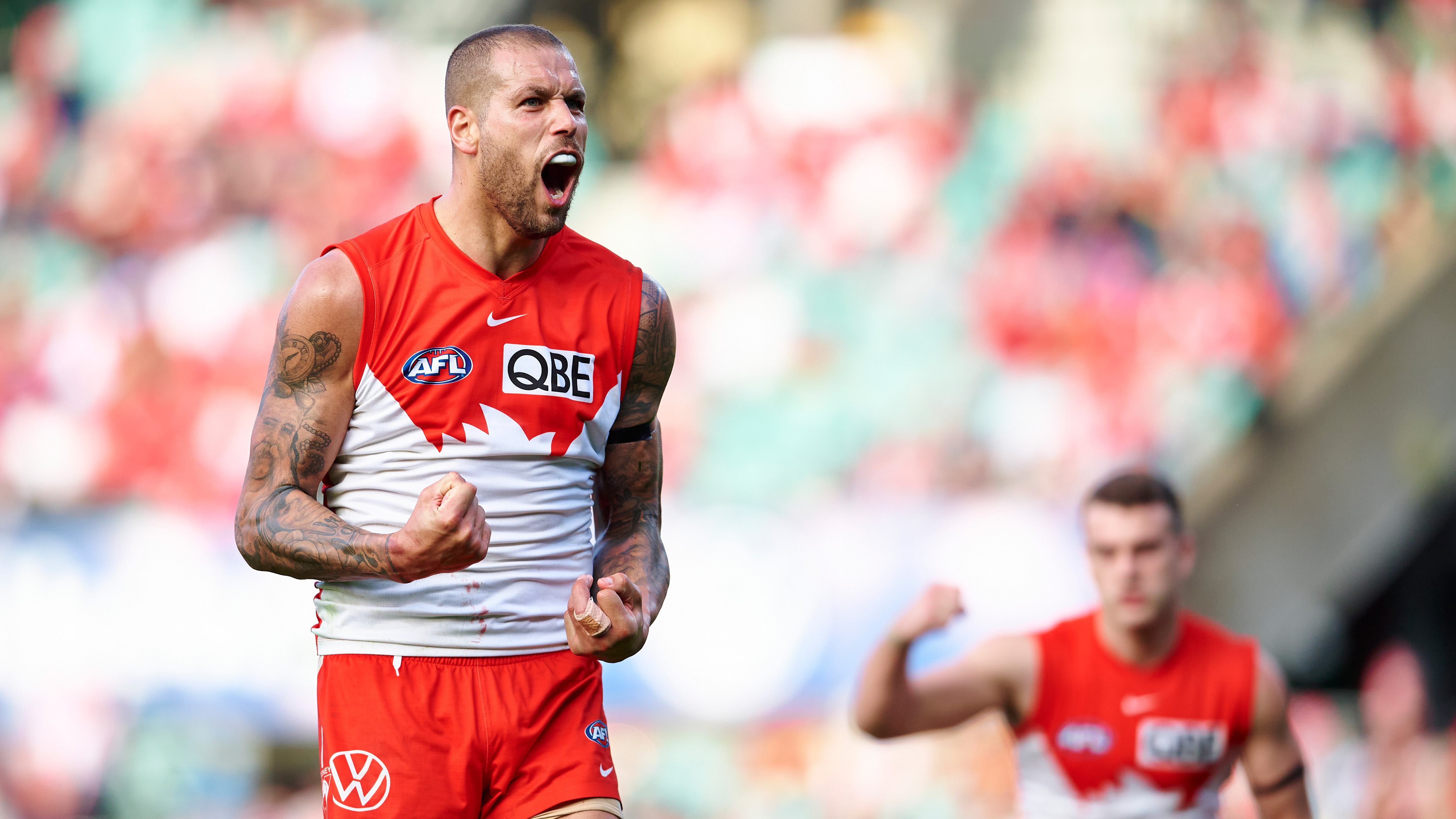 Lance Franklin of the Swans celebrates kicking a goal during the round 19 AFL match between the Sydney Swans and the Adelaide Crows at Sydney Cricket Ground on July 23, 2022 in Sydney, Australia. (Photo by Brett Hemmings/AFL Photos/via Getty Images)