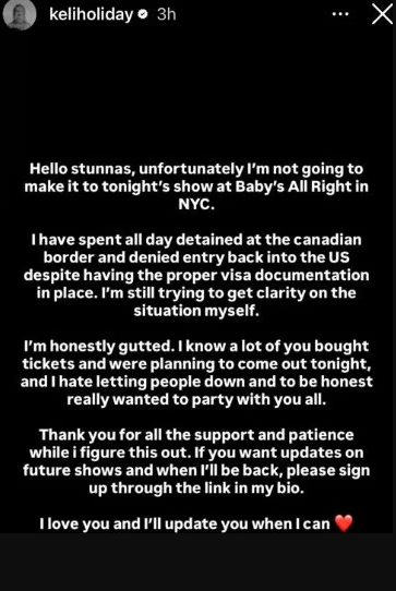Adam Hyde Keli Holiday forced to cancel New York show 