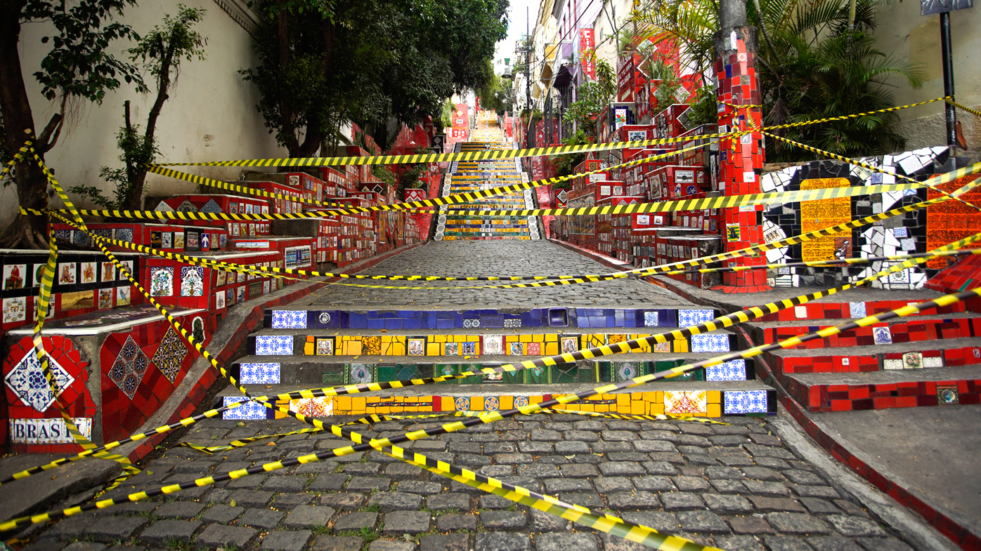 A view of Selaron Steps sealed off during a lockdown aimed at stopping the spread of the coronavirus (COVID-19) pandemic in Rio de Janeiro, Brazil
