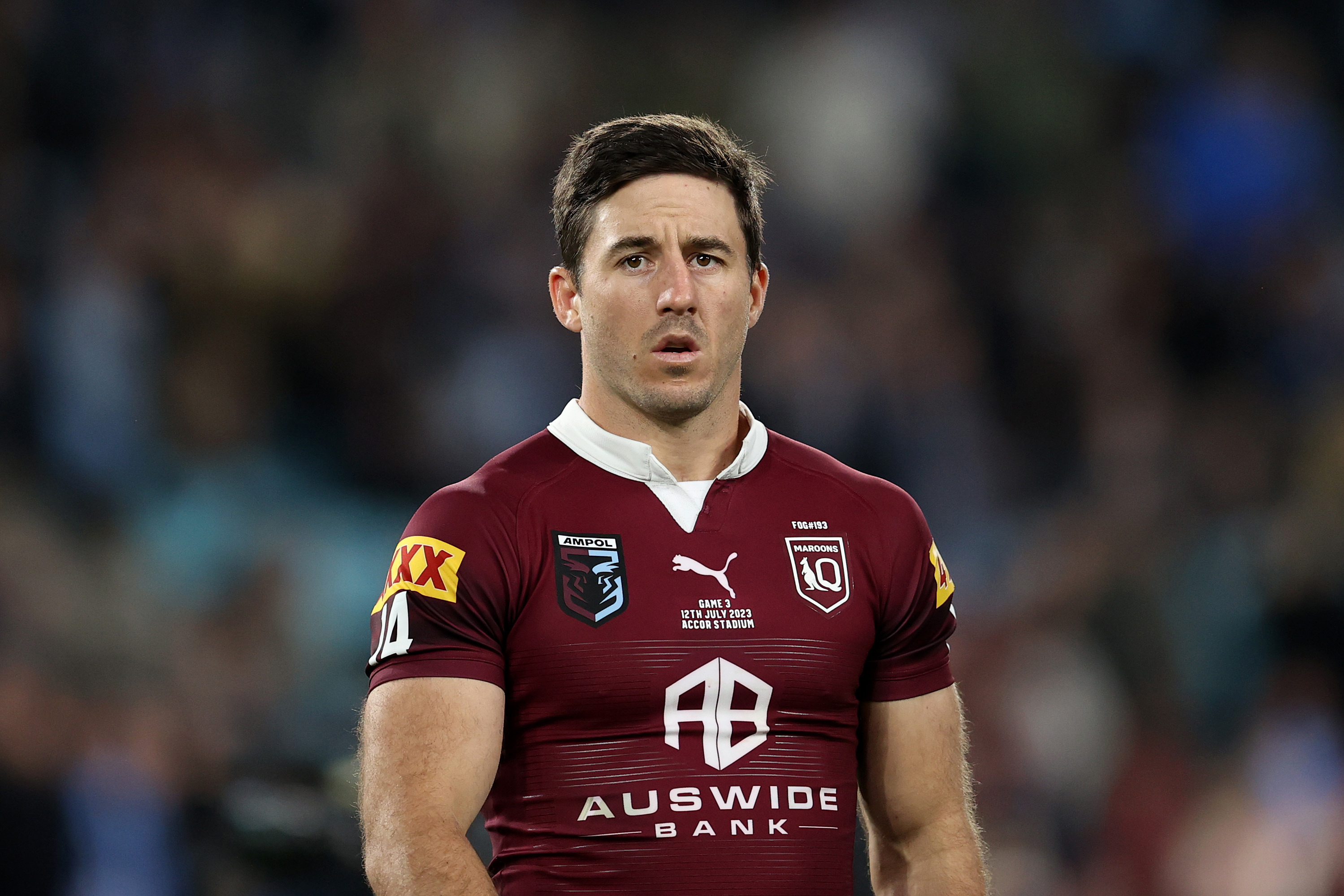 SYDNEY, AUSTRALIA - JULY 12: Ben Hunt of the Maroons looks on during game three of the State of Origin series between New South Wales Blues and Queensland Maroons at Accor Stadium on July 12, 2023 in Sydney, Australia. (Photo by Brendon Thorne/Getty Images)