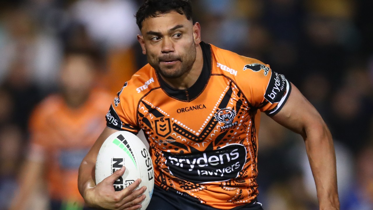 David Nofoaluma playing for the Wests Tigers ahead of his potential loan move to the Melbourne Storm for the rest of the 2022 NRL season.