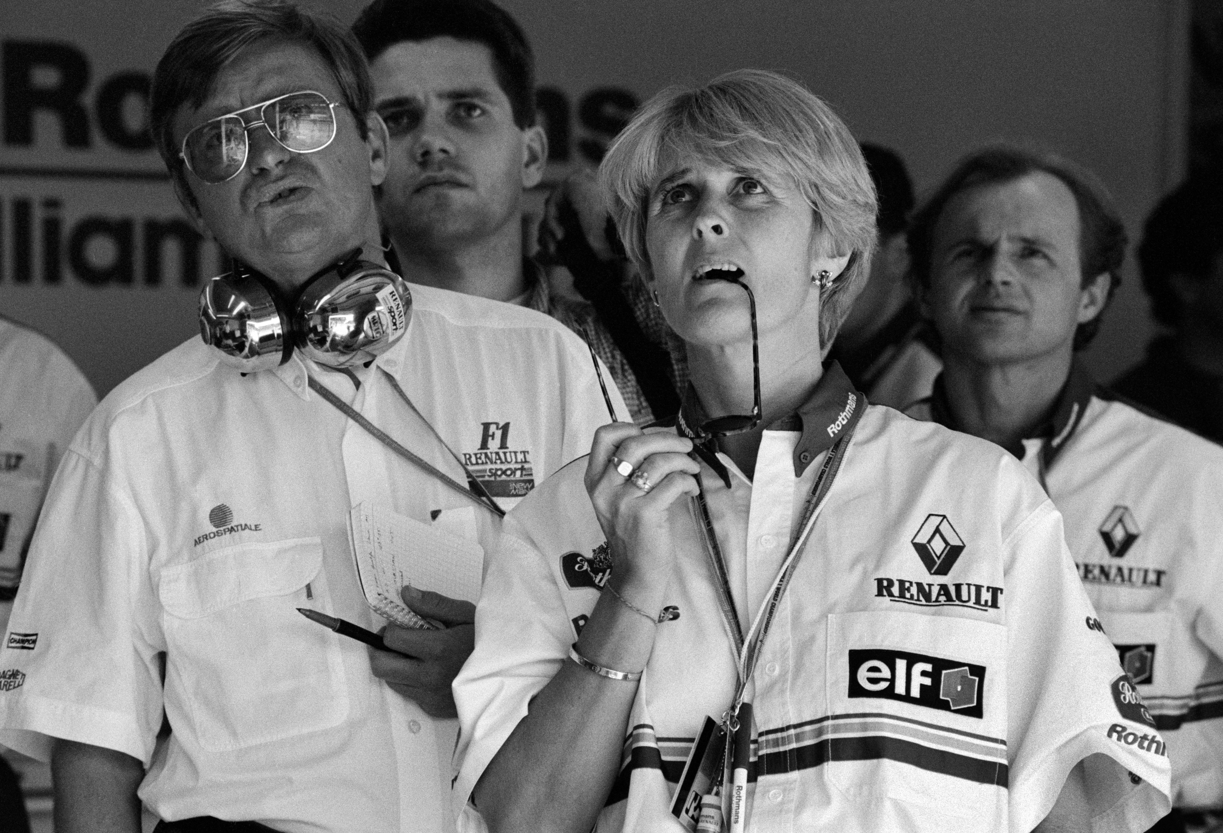 Members of the Williams team watch on a monitor a replay of the accident of Formula 1 driver Ayrton Senna at the San Marino Grand Prix at the Imola circuit in Italy. Ayrton Senna died a few hours later on Sunday May 1, 1994, in a hospital in nearby Bologna. (Photo by Dario Mitidieri/Getty Images)