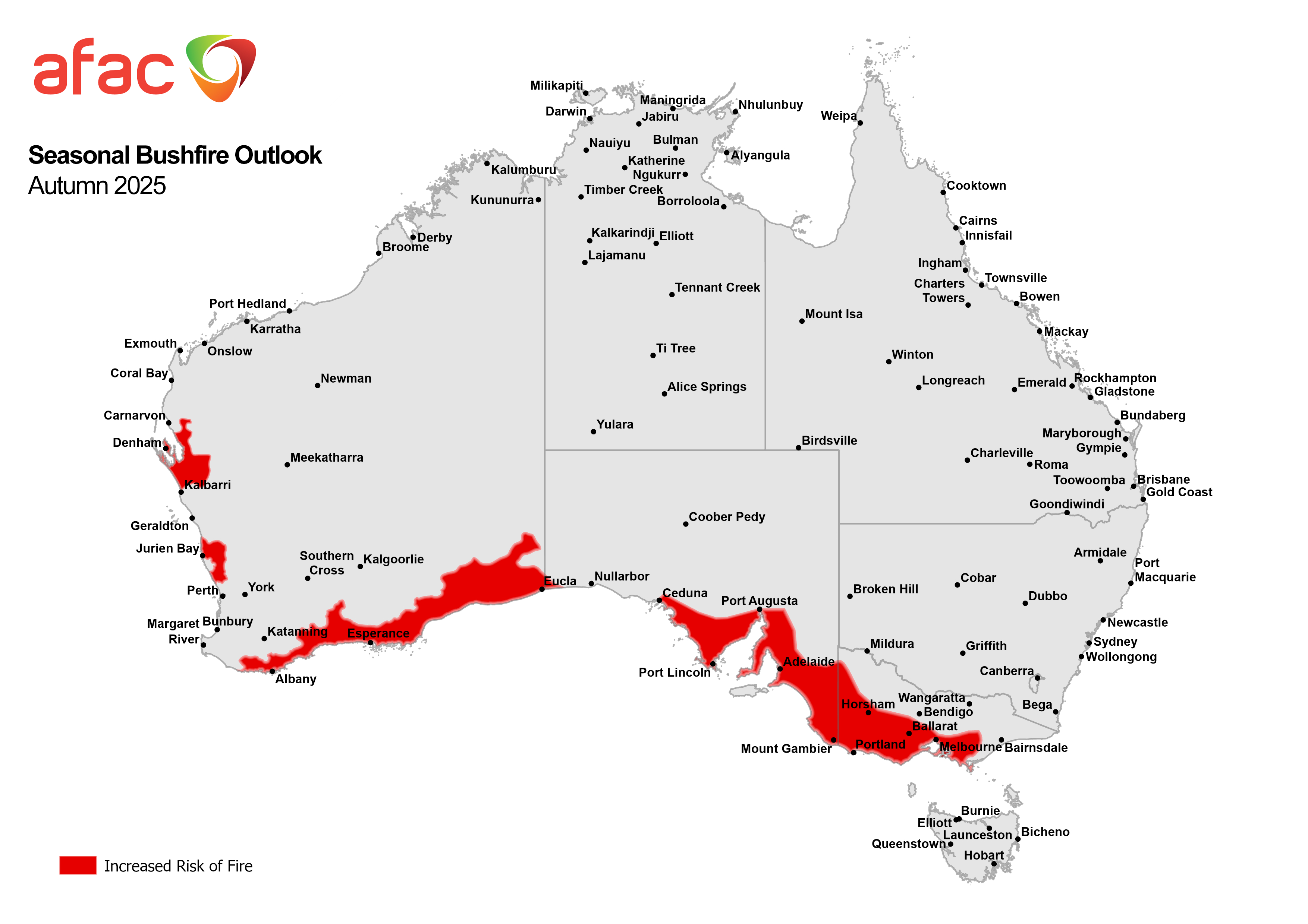 A weather map showing the parts of Australia with an elevated risk of bushfires in autumn.