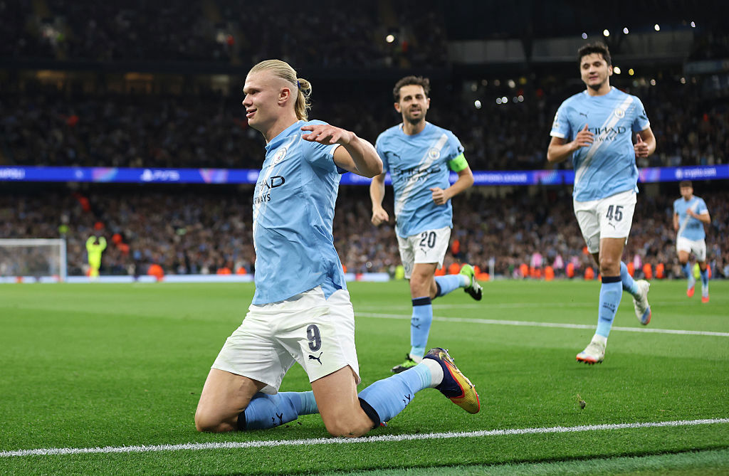 Erling Haaland of Manchester City celebrates scoring his team's first goal.