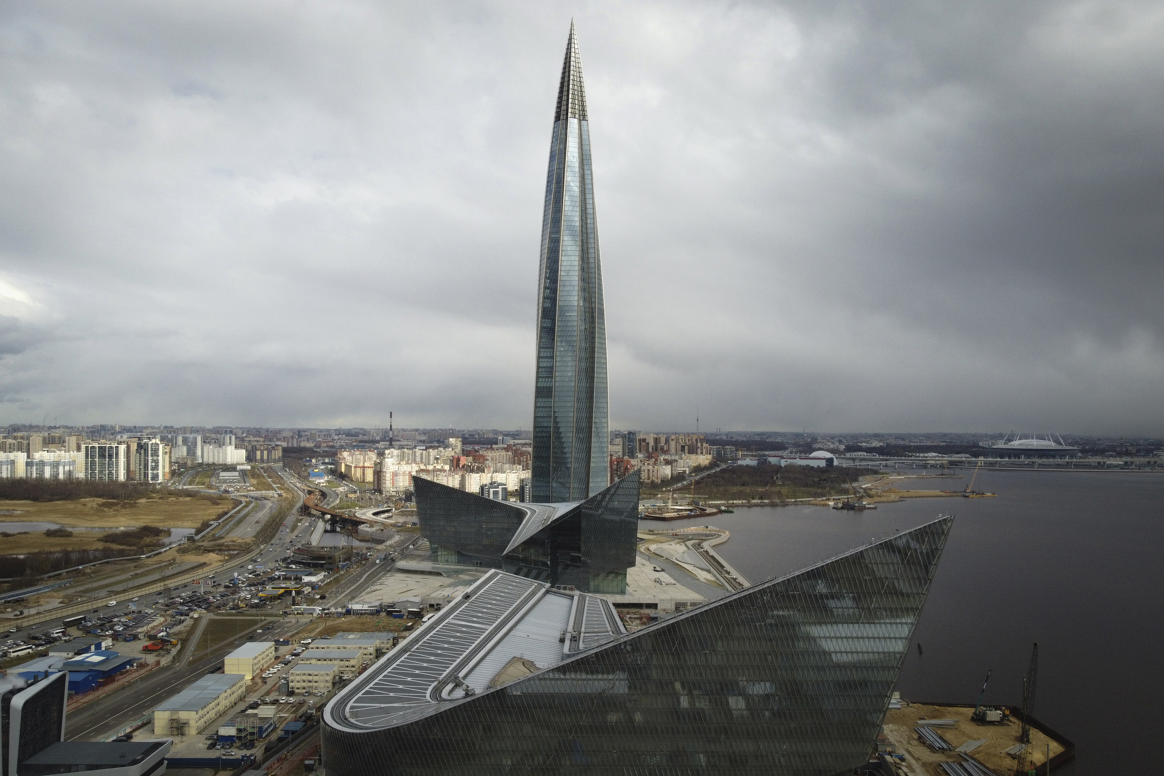 FILE - A view of the business tower Lakhta Centre, the headquarters of Russian gas monopoly Gazprom in St. Petersburg, Russia, Wednesday, April 27, 2022. Russia's Gazprom state-controlled energy giant said it will shut down the Nord Stream 1 natural gas pipeline to Germany for three days of maintenance starting Wednesday, raising economic pressure on Germany and other European countries that depend on the fuel to power industry, generate electricity and heat homes. (AP Photo/Dmitri Lovetsky, Fil