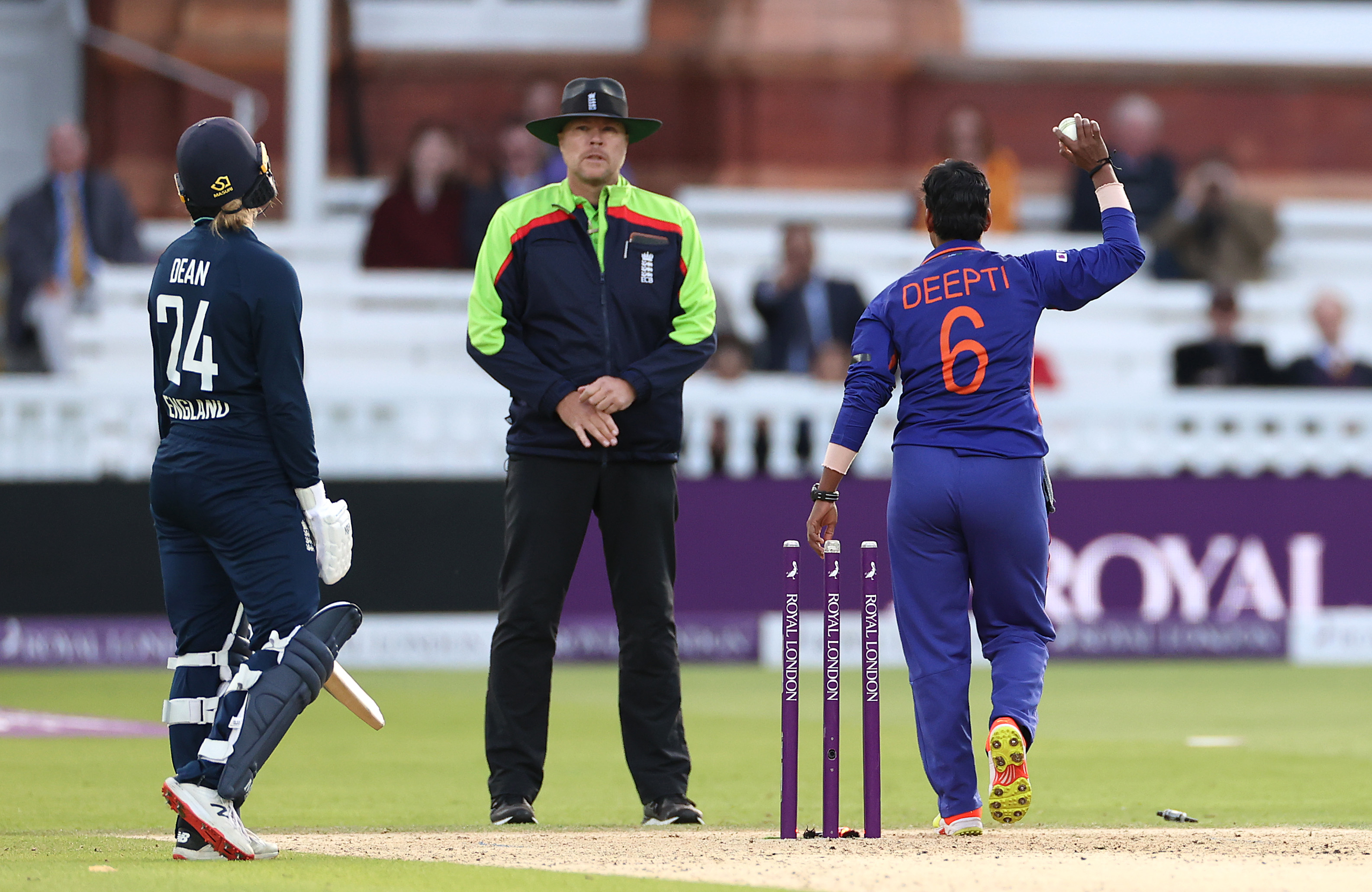 Charlie Dean of England reacts after being run out by Deepti Sharma of India to claim victory during the 3rd Royal London ODI between England Women and India Women at Lord's Cricket Ground on September 24, 2022 in London, England. (Photo by Ryan Pierse/Getty Images)