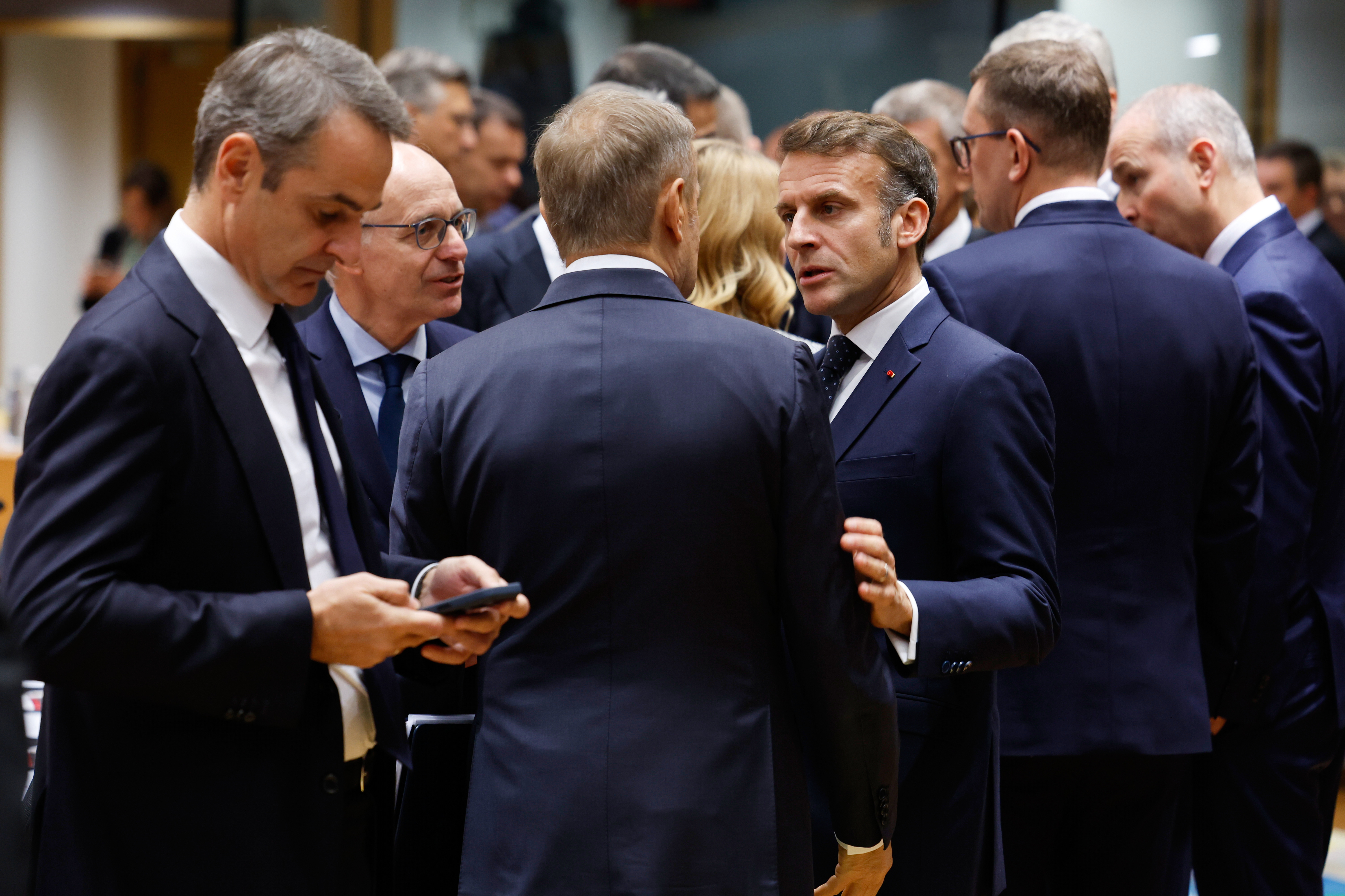 From left, Greece's Prime Minister Kyriakos Mitsotakis, Luxembourg's Prime Minister Luc Frieden, Poland's Prime Minister Donald Tusk and French President Emmanuel Macron