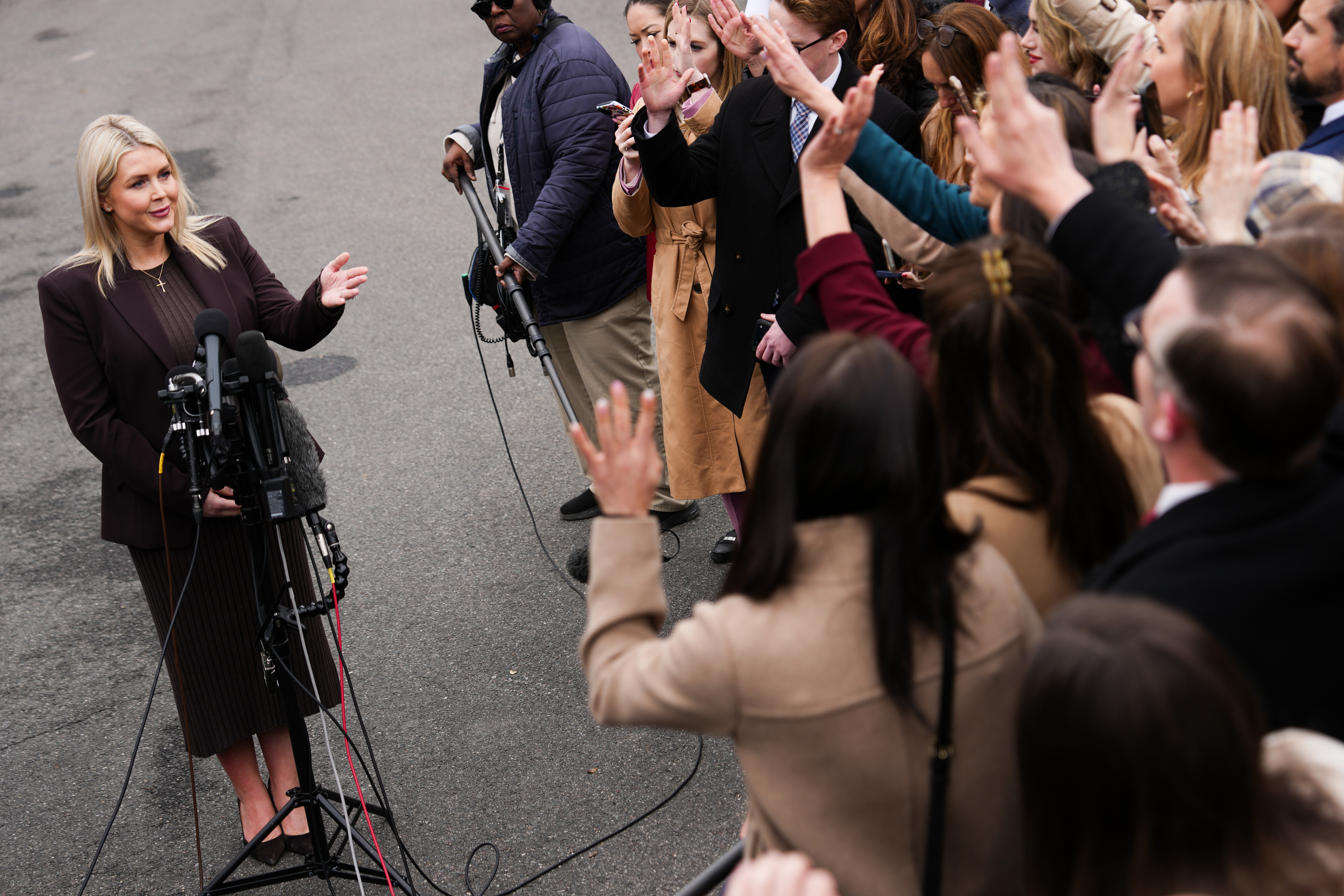 White House press secretary Karoline Leavitt speaks with reporters at the White House, Friday, March 6, 2026, in Washington. (AP Photo/Julia Demaree Nikhinson)