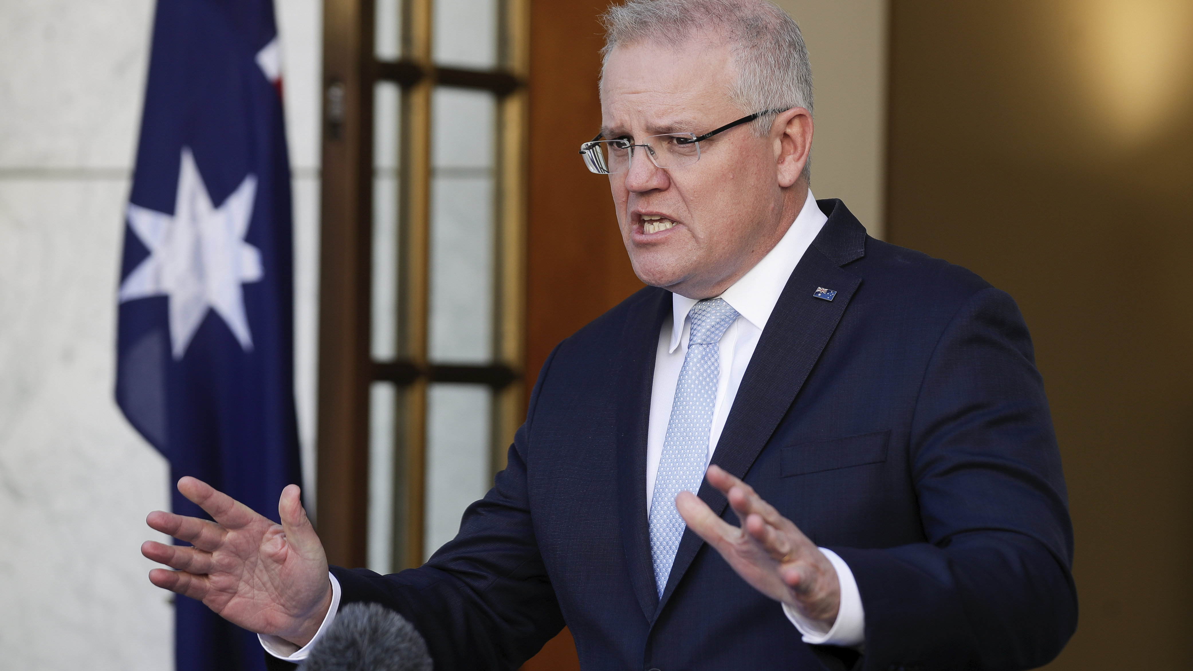 Prime Minister Scott Morrison during a press conference to discuss JobKeeper and JobSeeker, at Parliament House in Canberra.