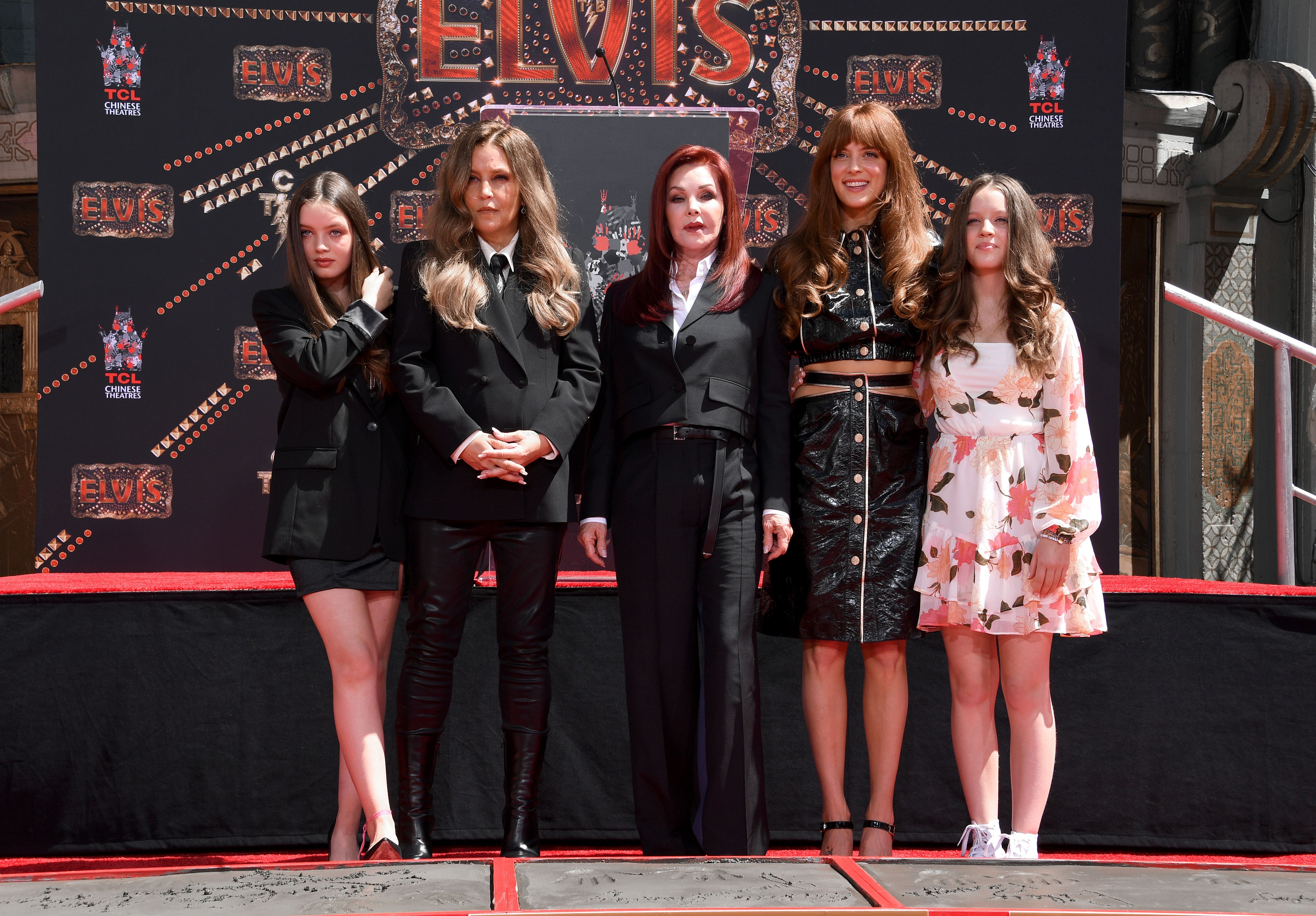 L-R: Harper Vivienne Ann Lockwood, Lisa Marie Presley, Priscilla Presley, Riley Keough, and Finley Aaron Love Lockwood.