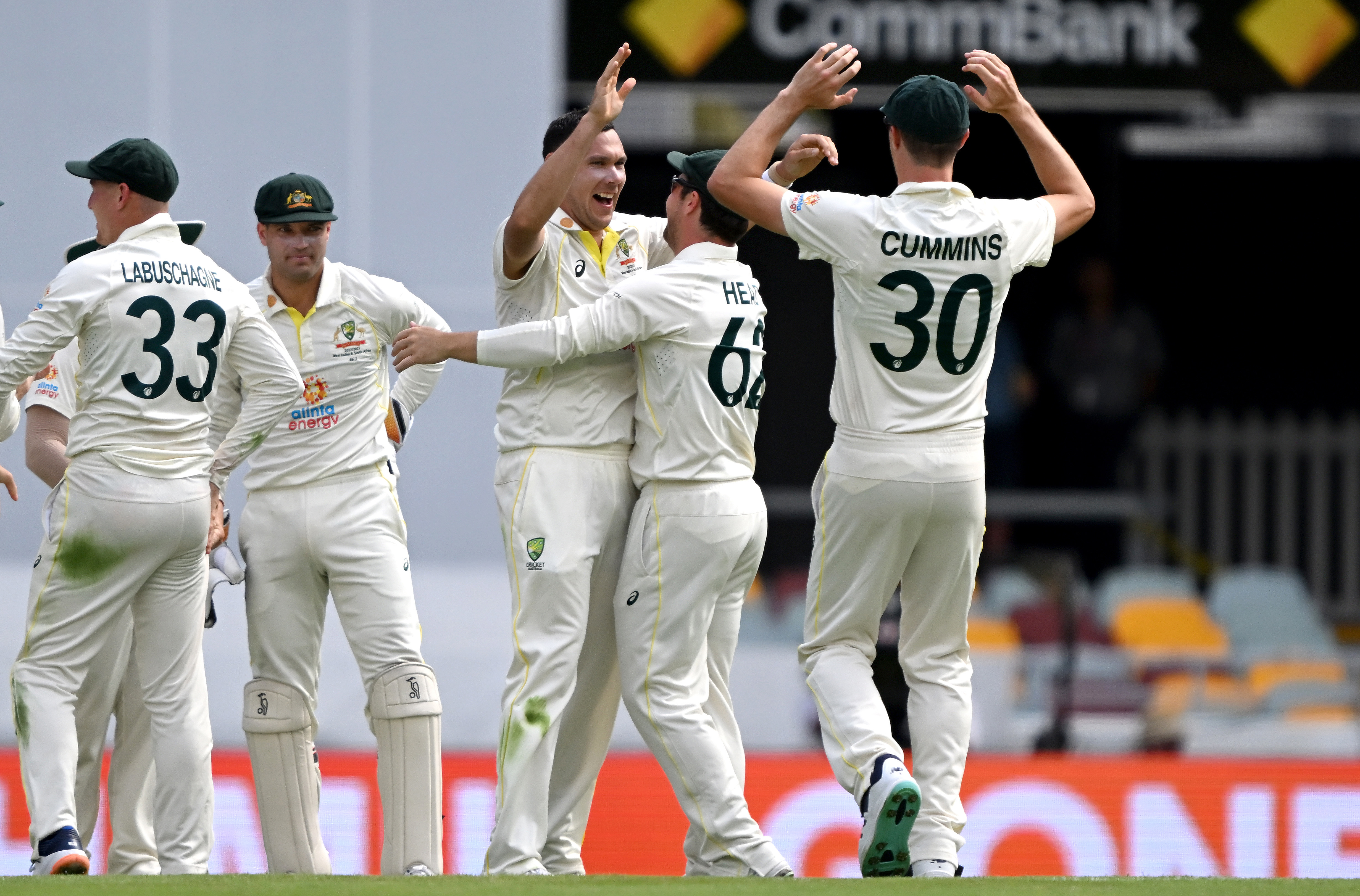 Scott Boland of Australia celebrates taking the wicket of Marco Jansen of South Africa. (Photo by Bradley Kanaris/Getty Images)