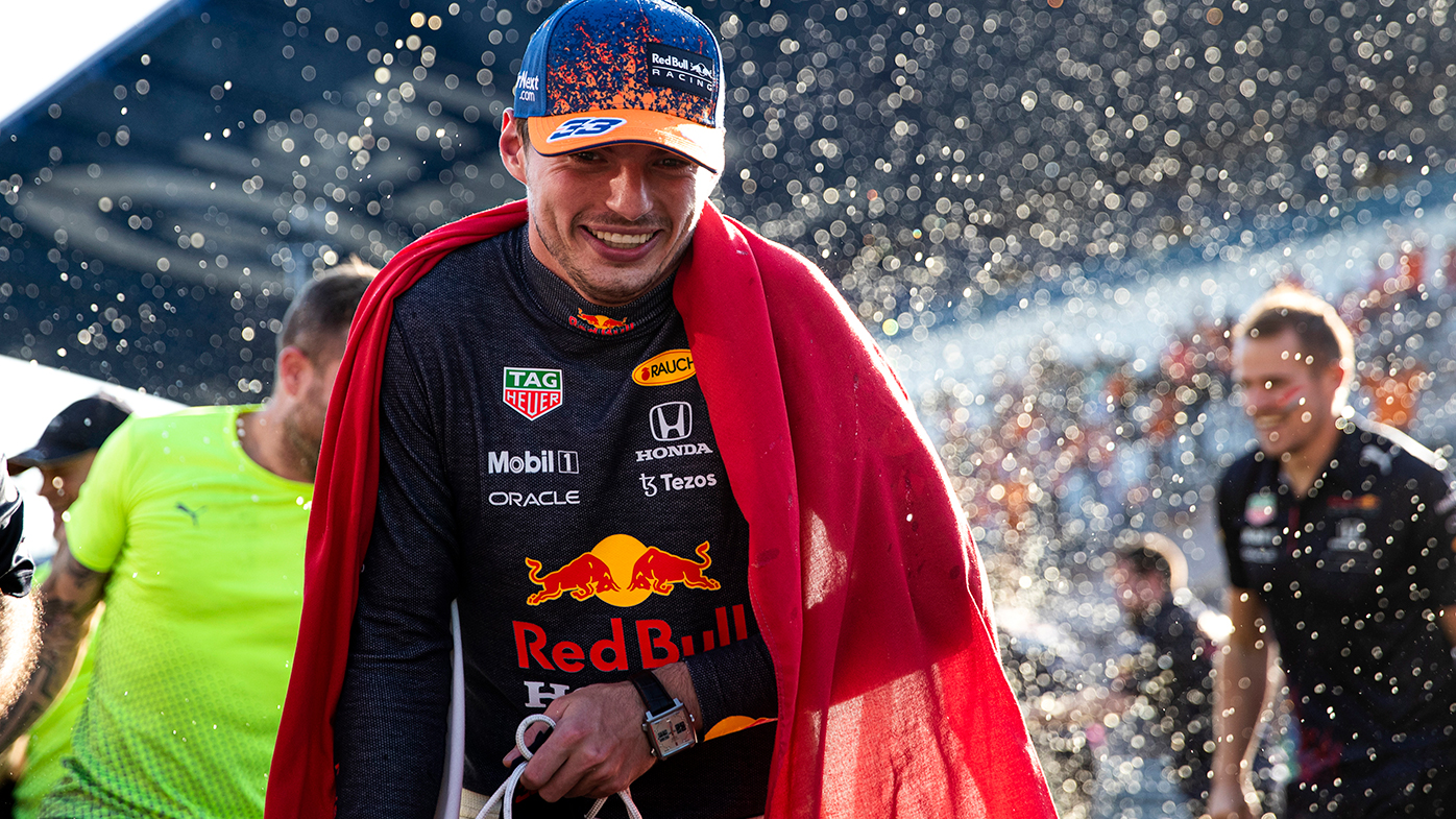 Max Verstappen celebrates his win at the Dutch Grand Prix.