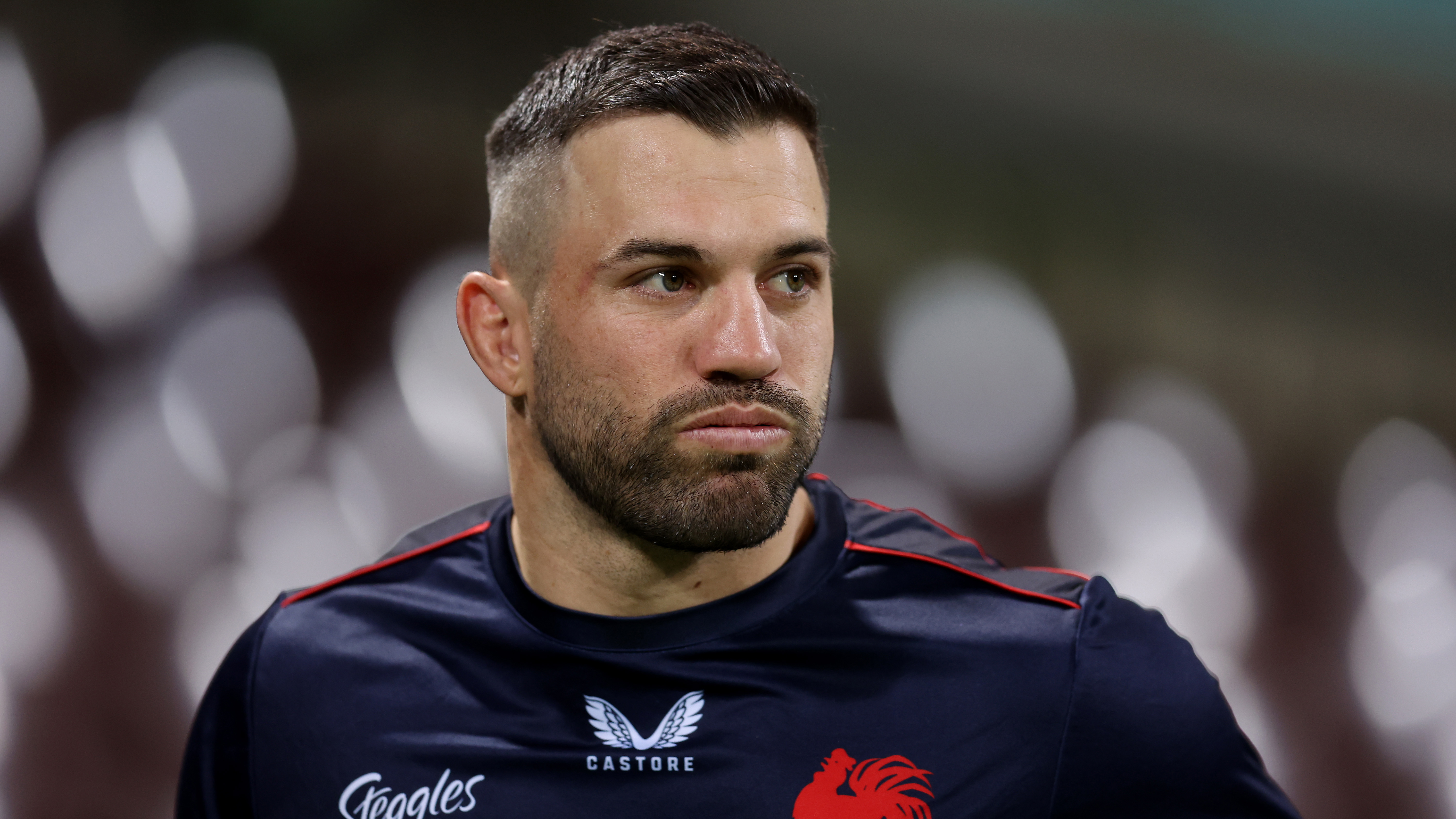 James Tedesco of the Roosters prior to the start of play during the round 23 NRL match between the Sydney Roosters and the Wests Tigers at Sydney Cricket Ground, on August 20, 2022, in Sydney, Australia. (Photo by Scott Gardiner/Getty Images)