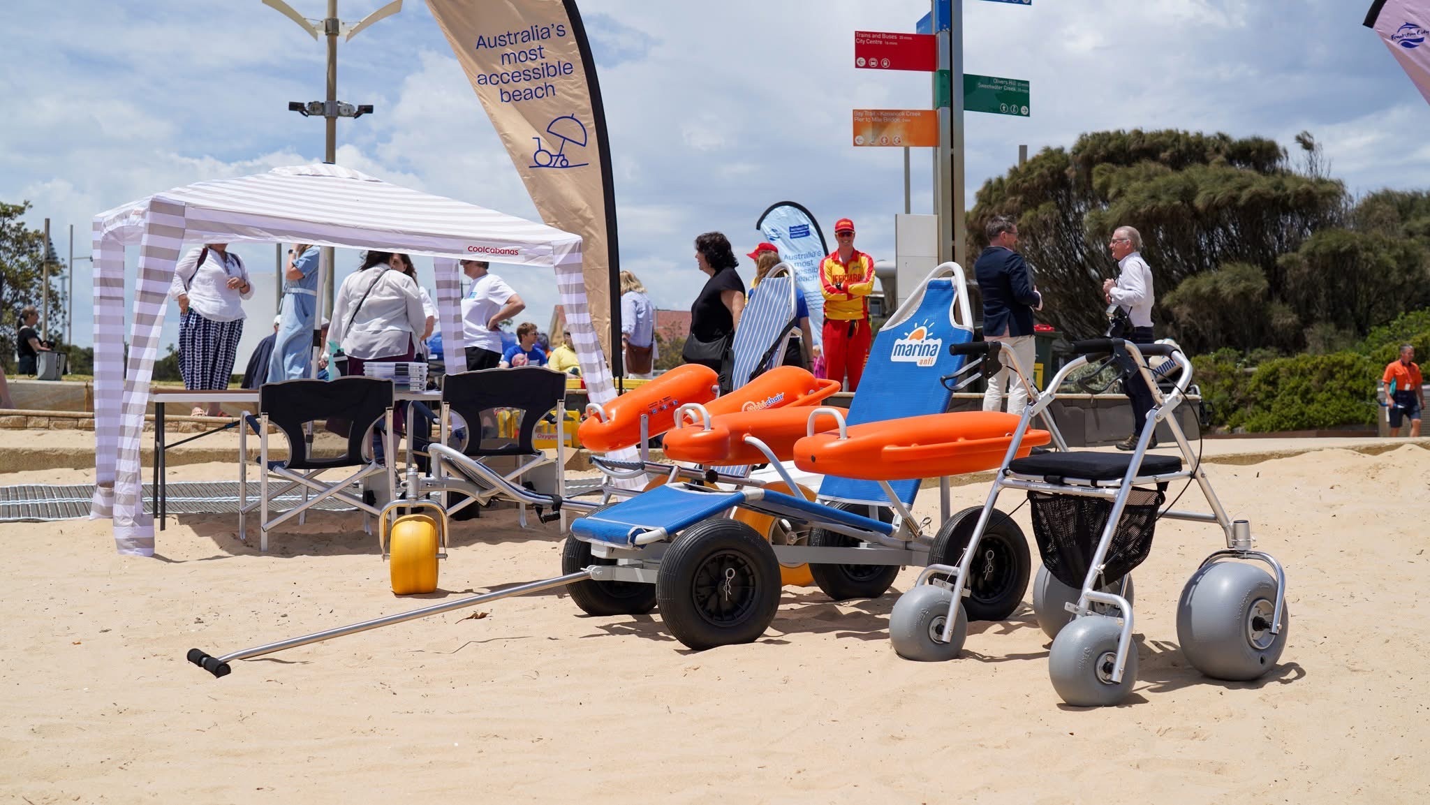 The Australian-first pilot features accessible beach amenities including beach wheelchairs and walkers.