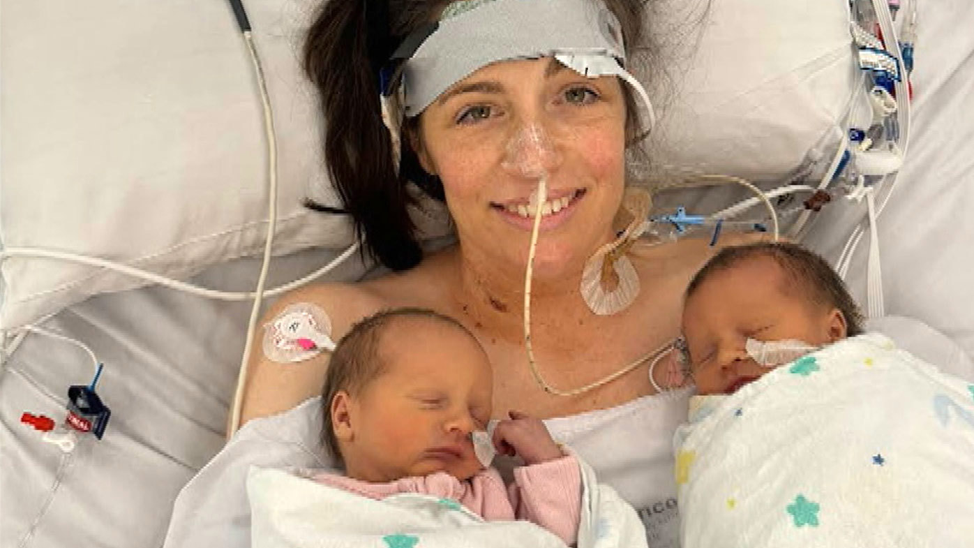 Melbourne mum Alexandra Judd was kept alive by an advanced form of life support reserved for ICU's sickest patients after giving birth to twins Violet and Ester.