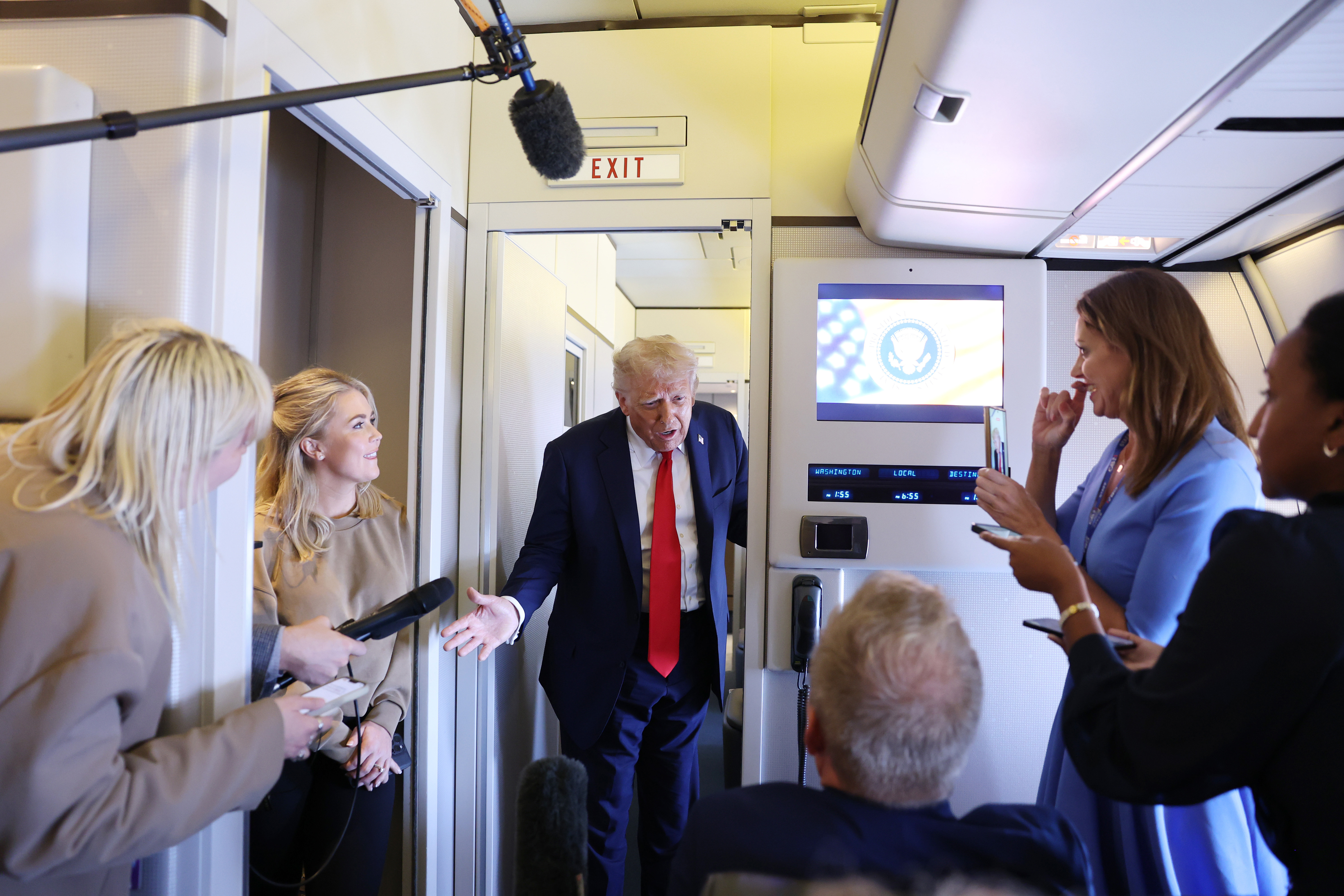U.S. President Donald Trump speaks to reporters on Air Force One on September 18, 2025 during a flight to Joint Base Andrews, Maryland. Trump concluded his state visit to the United Kingdom by spending the day at Chequers with British Prime Minister Keir Starmer.
