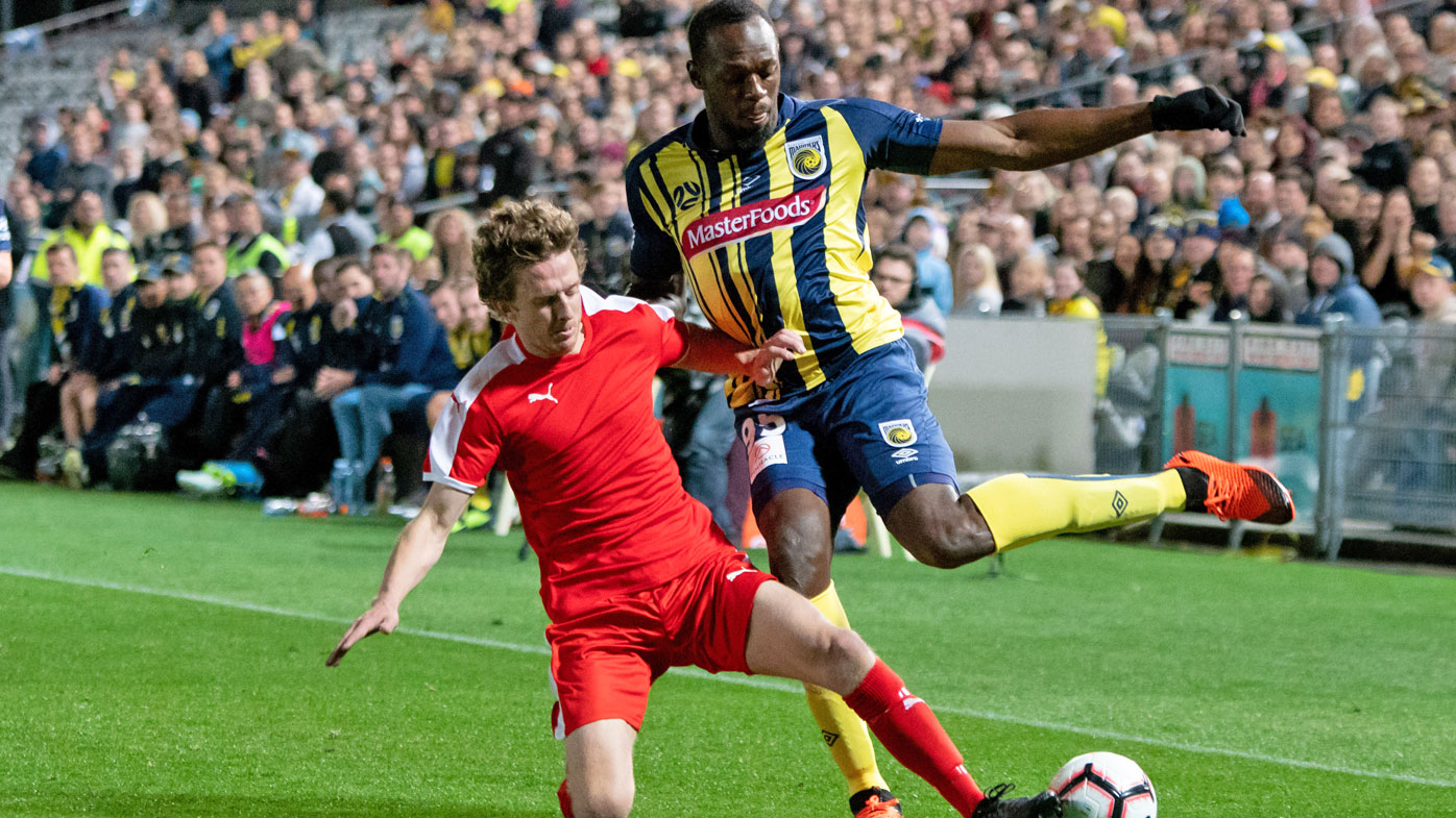Central Coast Mariners player Usain Bolt (95) at an A-League intra-club trial match