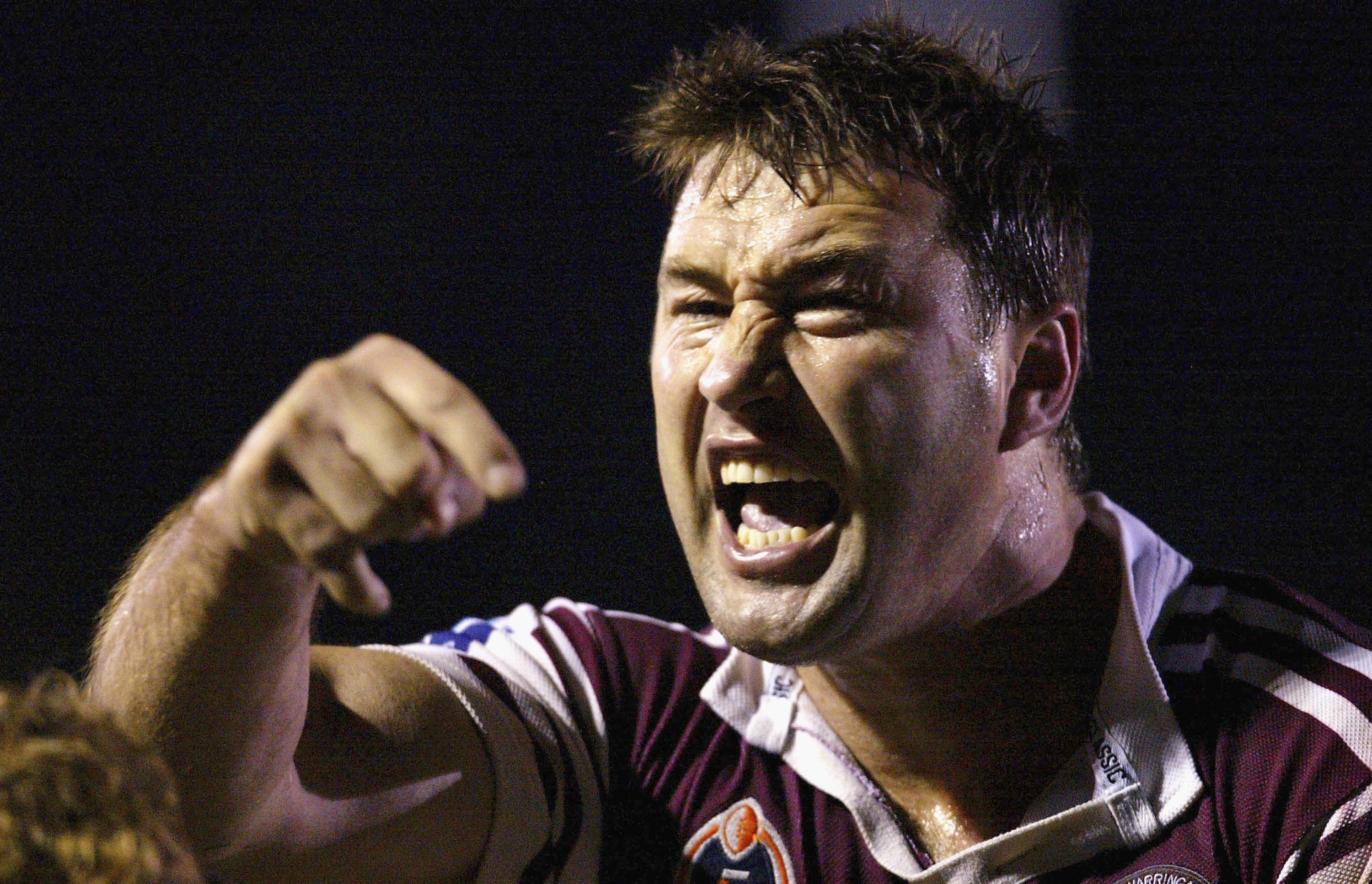 Terry Hill of the Eagles screams at the touch judge after a try during the round 25 NRL match between the Manly Sea Eagles and the Warriors at Brookvale Oval on August 27, 2005 in Sydney, Australia. (Photo by Mark Nolan/Getty Images) *** Local Caption *** Terry Hill