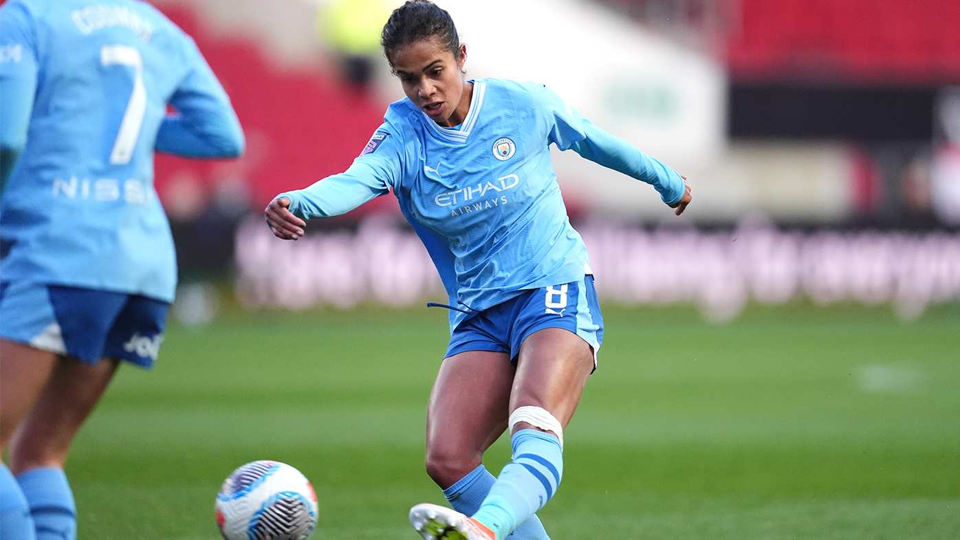 Manchester City's Mary Fowler scores their side's first goal in its game against Bristol City.