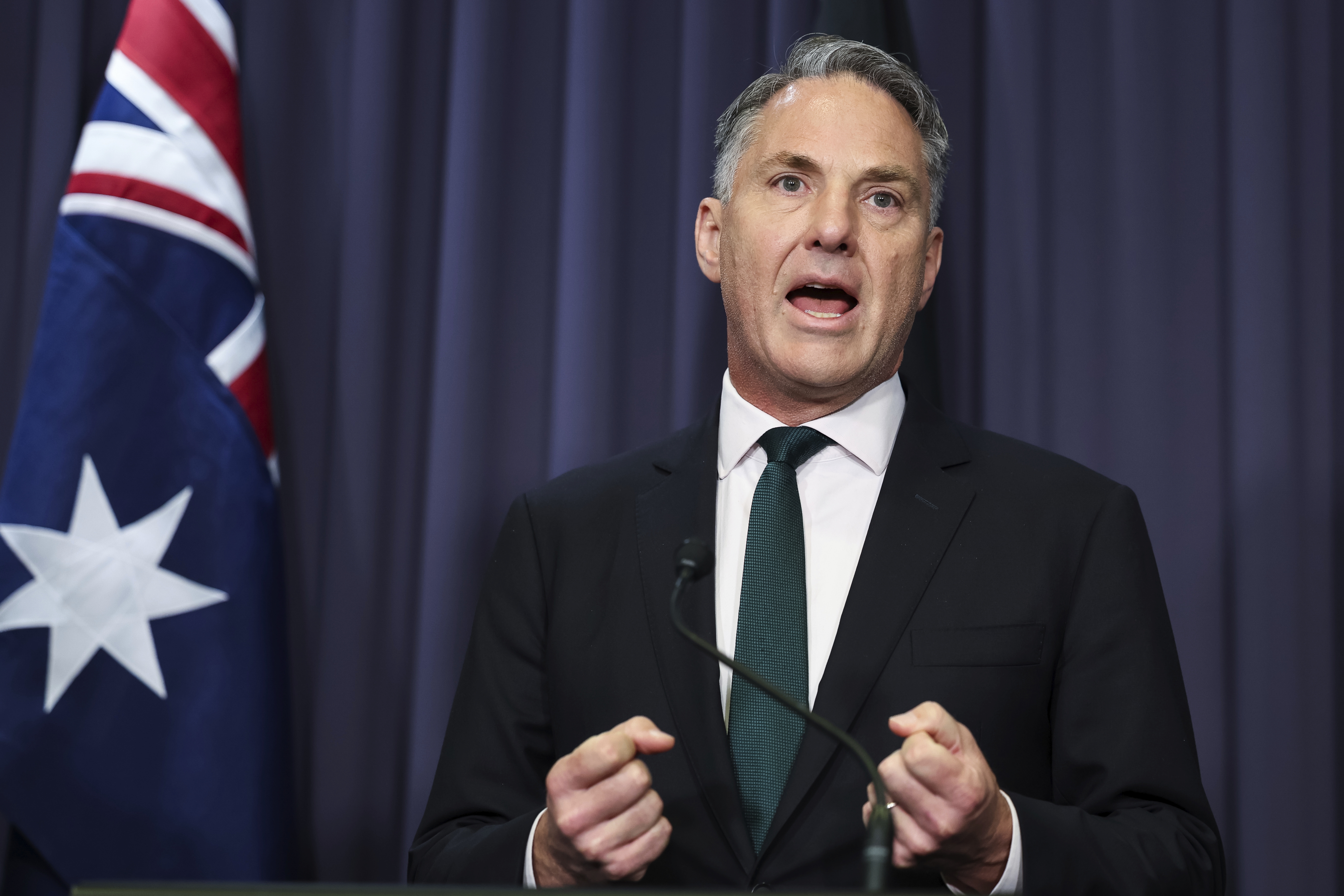 Acting Prime Minister and Minister for Defence Richard Marles, at a press conference ahead of the 31st Australia-Papua New Guinea Ministerial Forum, at Parliament House in Canberra on Monday 20 October 2025. fedpol Photo: Alex Ellinghausen