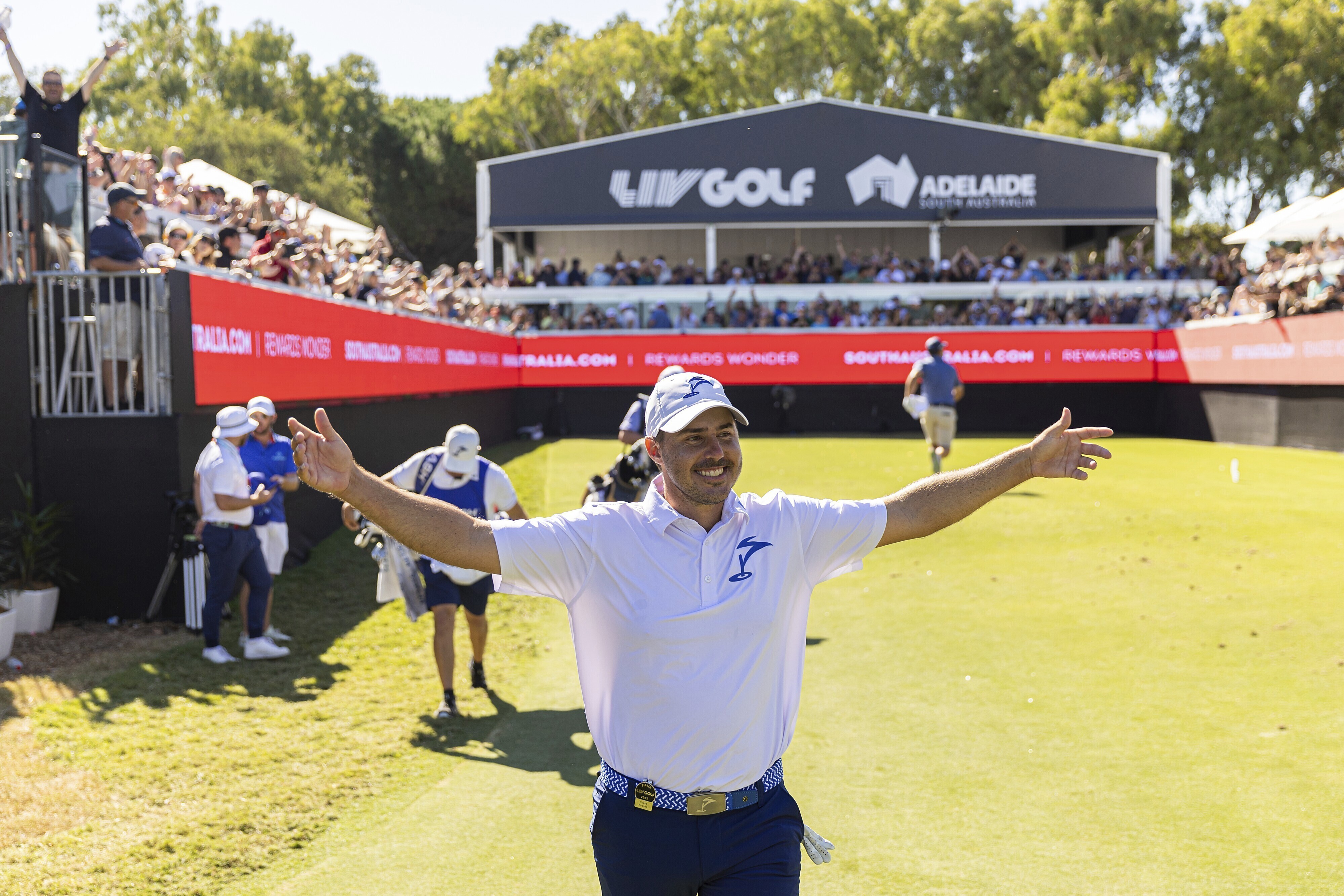 Chase Koepka reacts after making a hole-in-one on the 12th hole during the final round of LIV Golf Adelaide.