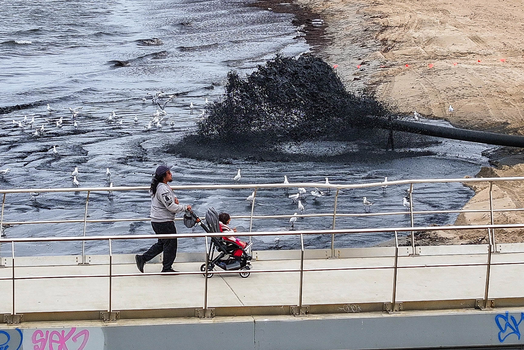St Kilda Beach has black water, dirty, rubbish and smells due to dredging at the entrance of the St Kilda Marina. 12th November 2025, The Age news Picture by JOE ARMAO