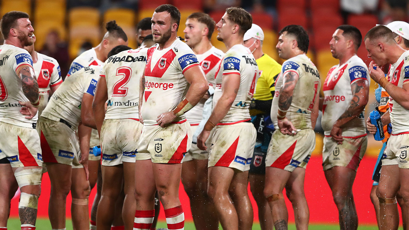 Dragons look on during the round 22 NRL match between the St George Illawarra Dragons and the Penrith Panthers at Suncorp Stadium, on August 13, 2021, in Brisbane, Australia. (Photo by Chris Hyde/Getty Images)