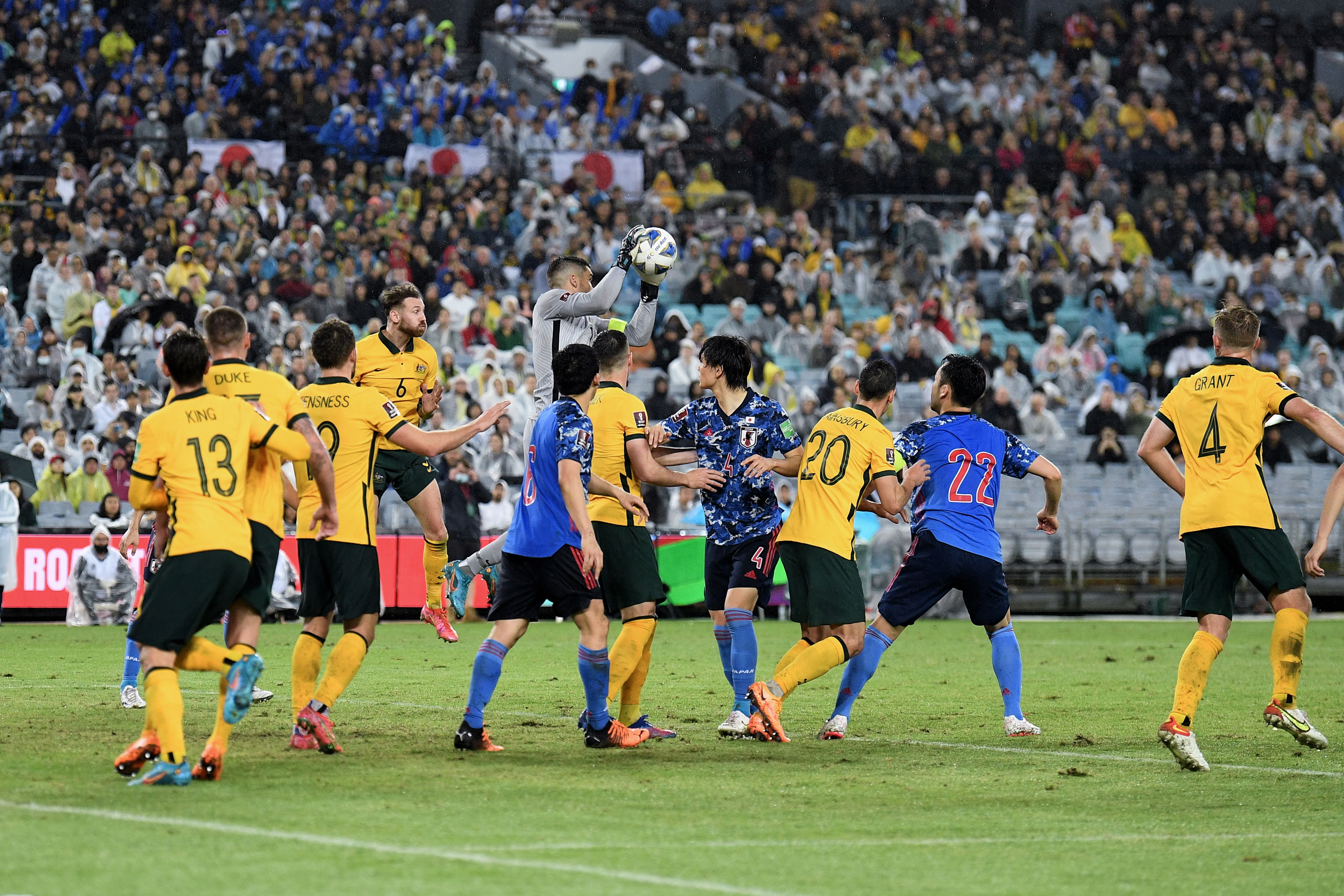 Mathew Ryan saves the ball during the FIFA World Cup qualifier between the Australian Socceroos and Japan.