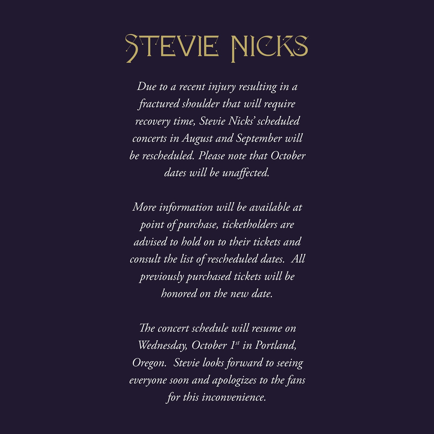 Stevie Nicks cancels tour dates