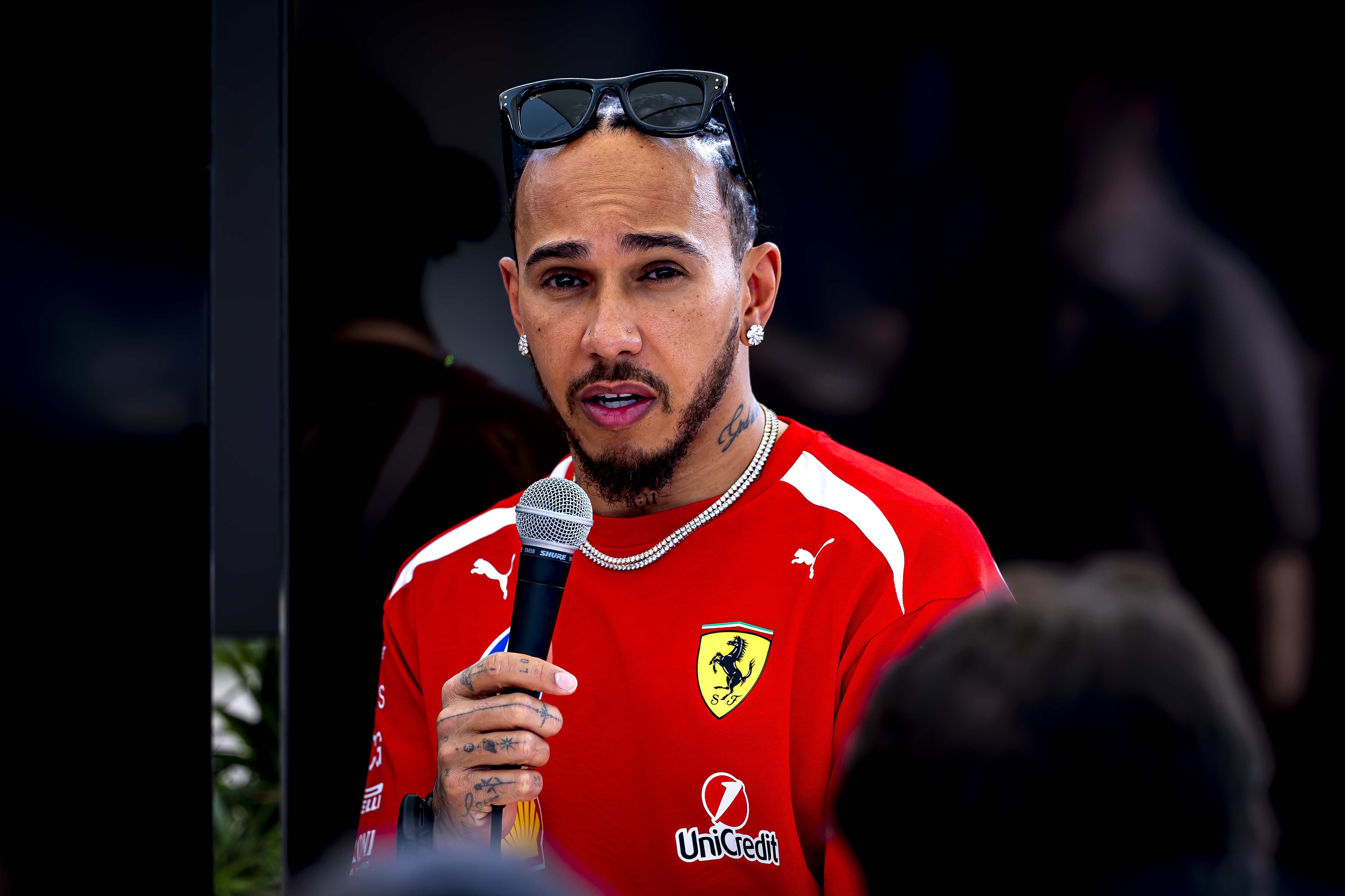 Formula 1 driver Lewis Hamilton of Scuderia Ferrari HP participates in the Formula 1 pre-season testing at the Bahrain International Circuit for the 2026 season in Sakhir, Bahrain, on February 12, 2026. (Photo by Marcel van Dorst/EYE4IMAGES/NurPhoto via Getty Images)
