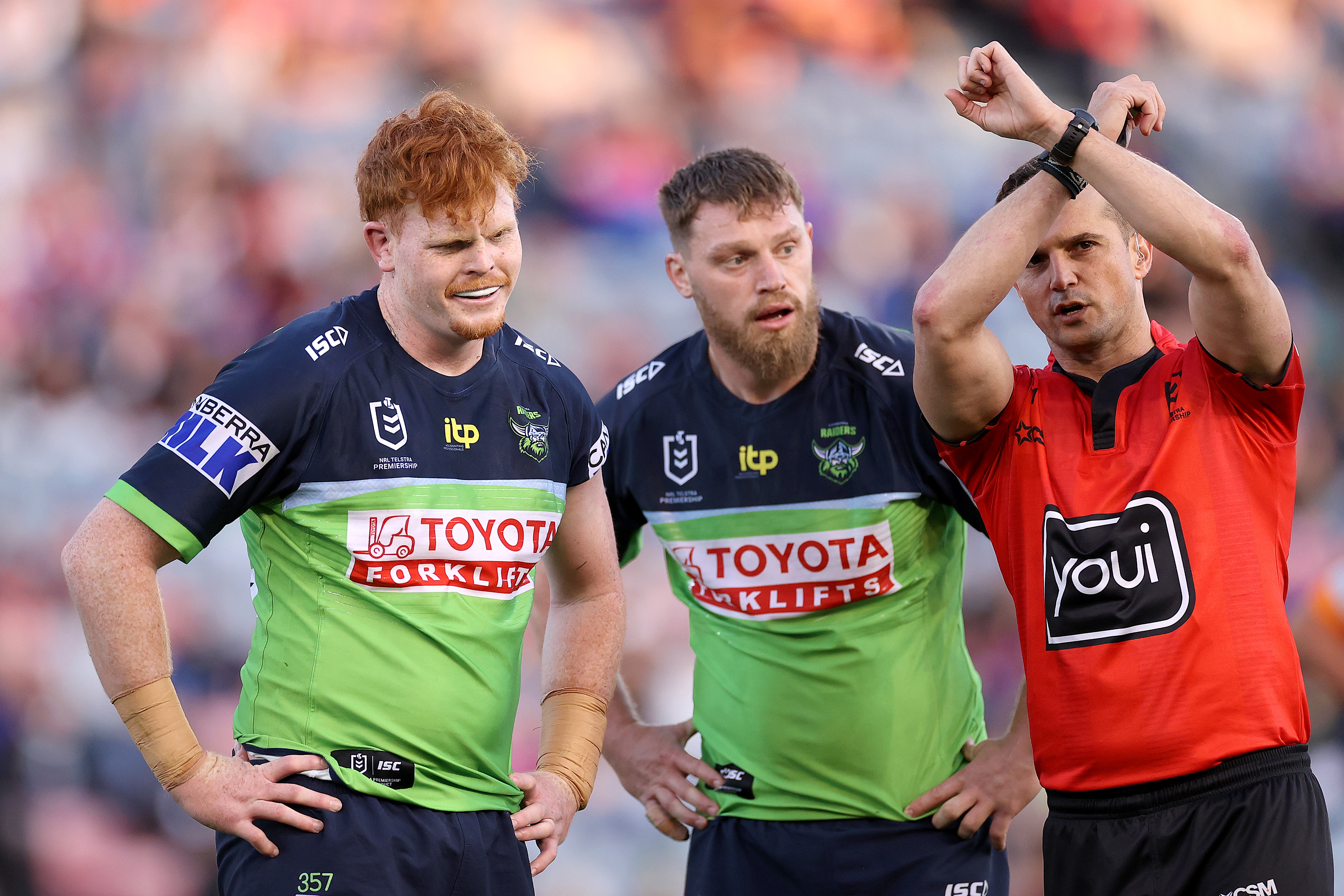 Corey Horsburgh of the Raiders reacts as he is placed on report during the round 23 NRL match between the Newcastle Knights and the Canberra Raiders at McDonald Jones Stadium, on August 21, 2022, in Newcastle, Australia. (Photo by Cameron Spencer/Getty Images)