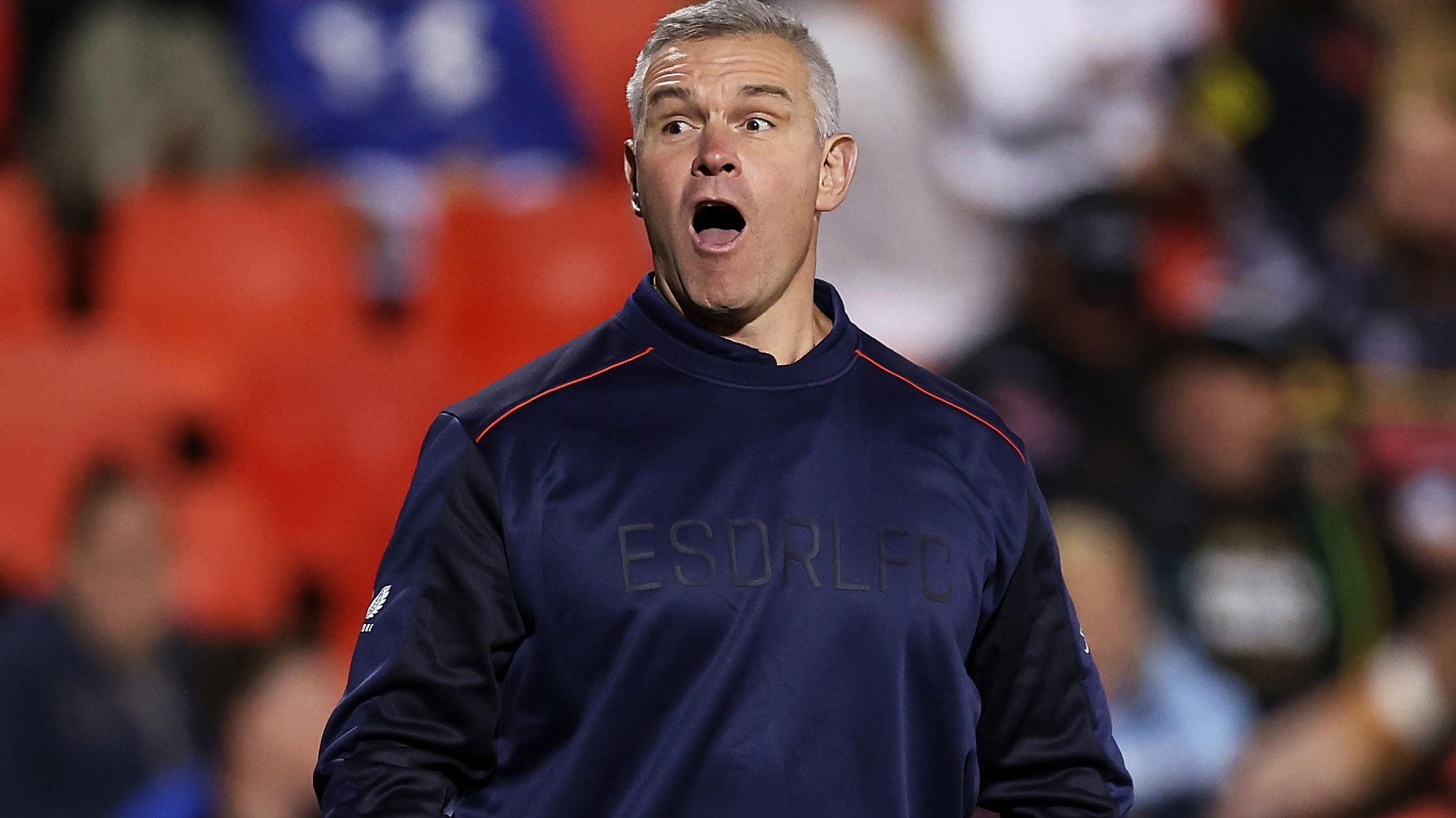 Jason Ryles reacts during the warm-up before the round 11 match between the Panthers and the Roosters at BlueBet Stadium on May 12, 2023 in Penrith, Australia.