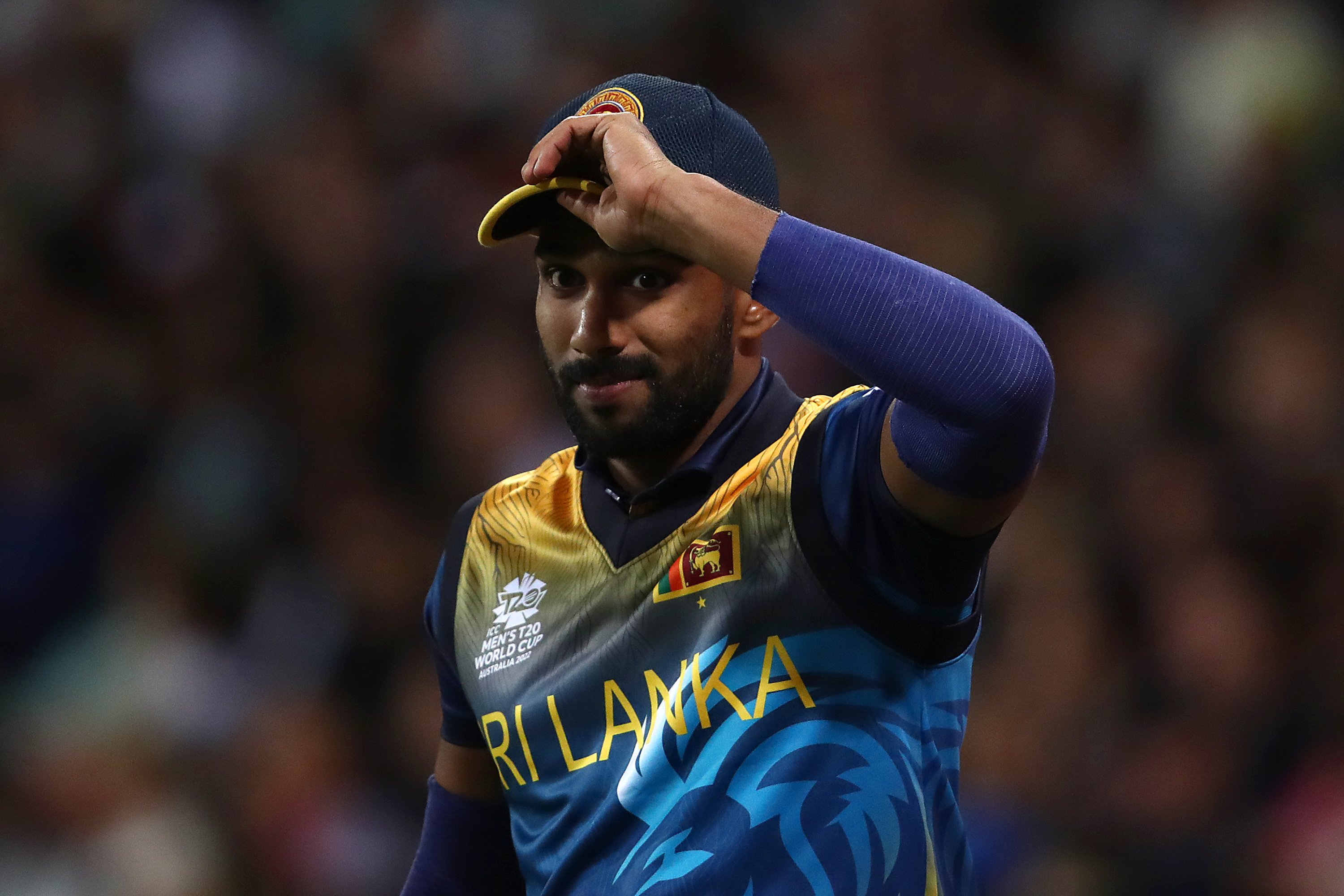Chamika Karunaratne of Sri Lanka  during the ICC men's T20 World Cup. (Photo by Jason McCawley-ICC/ICC via Getty Images)