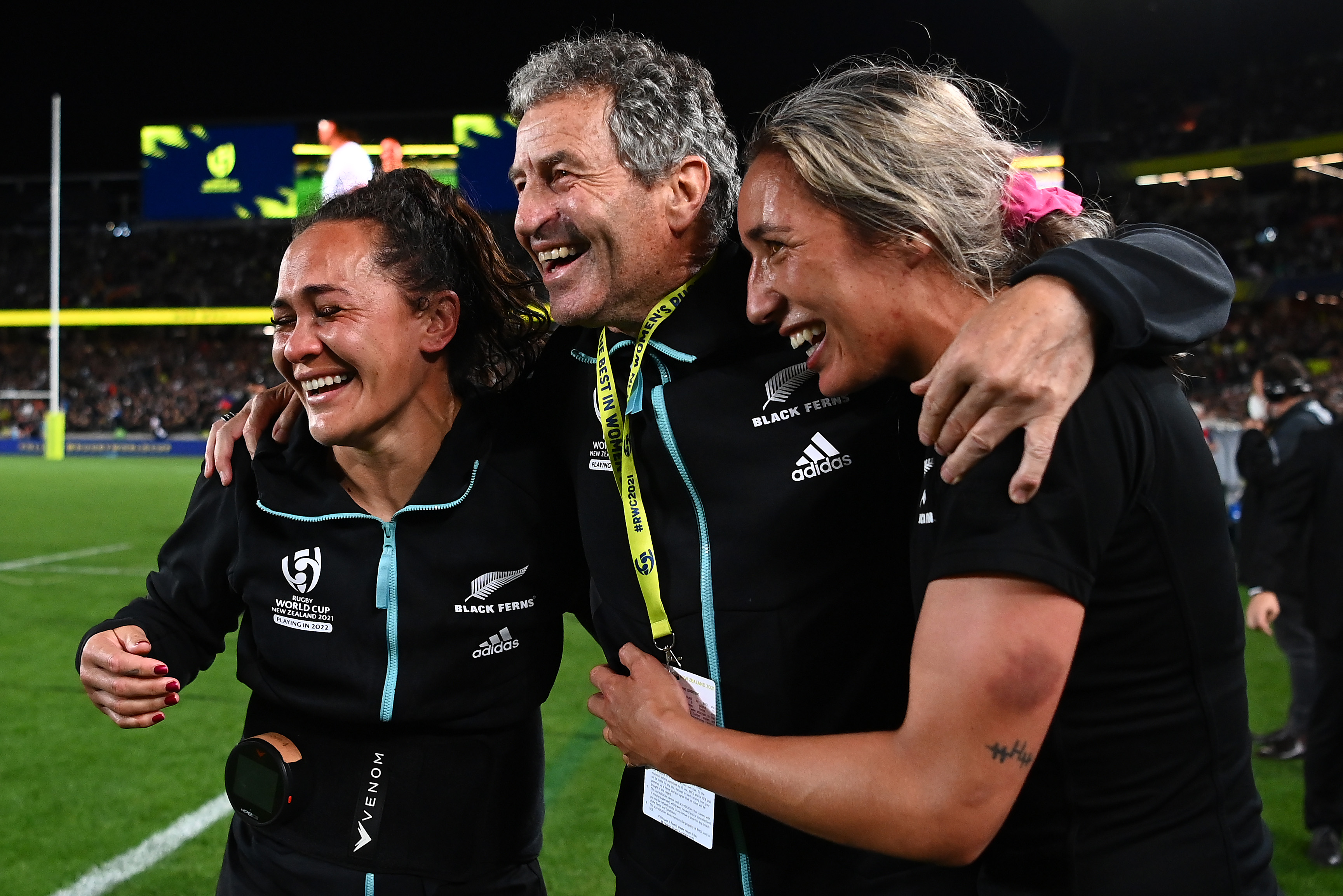 Portia Woodman, Wayne Smith and Sarah Hirini of New Zealand celebrate victory.