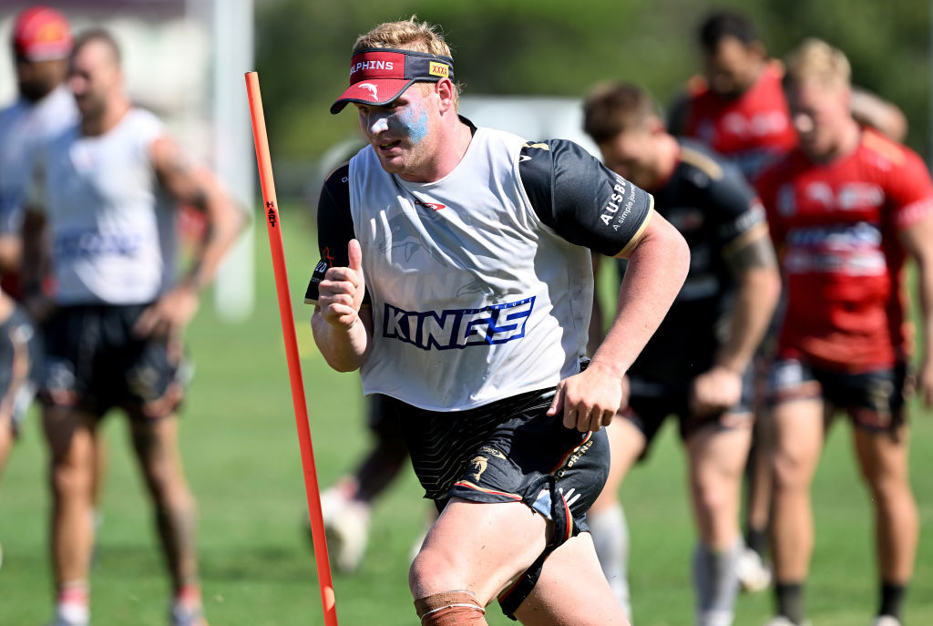 Tom Flegler runs during a Dolphins NRL training session.