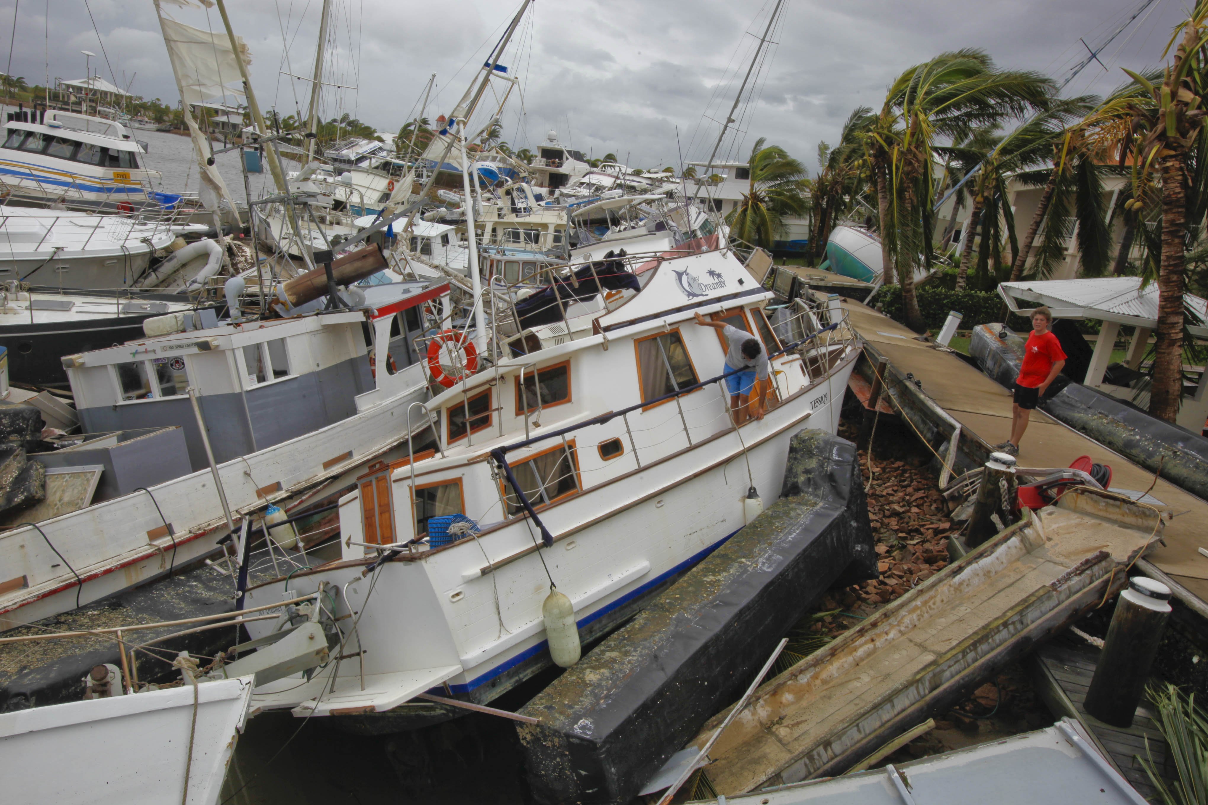 Yachts damaged at Port Hinchinbrook, Queensland after Cyclone Yasi in 2011.