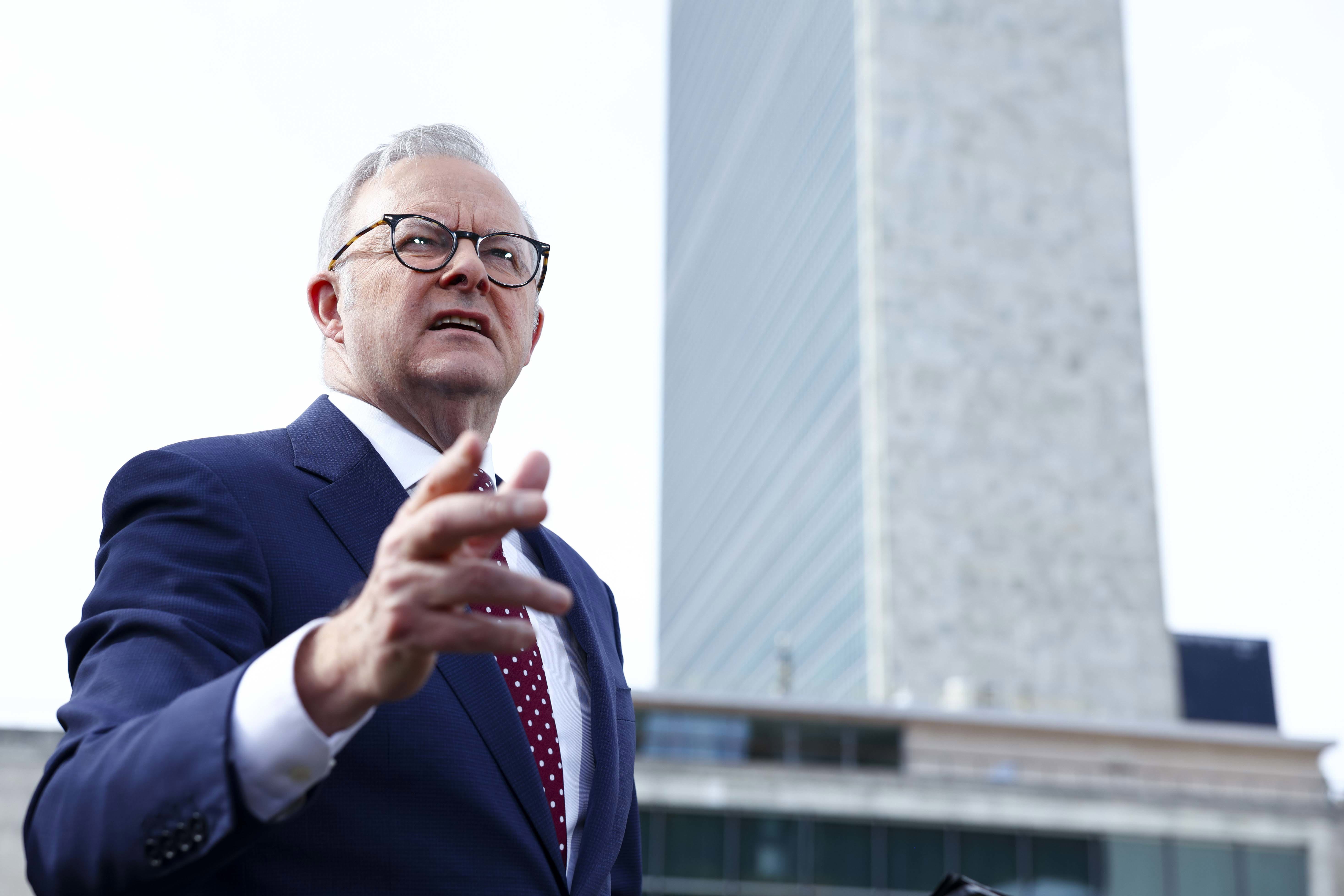 Prime Minister Anthony Albanese during a press conference on Australia formally recognising the State of Palestine at the UN HQ.