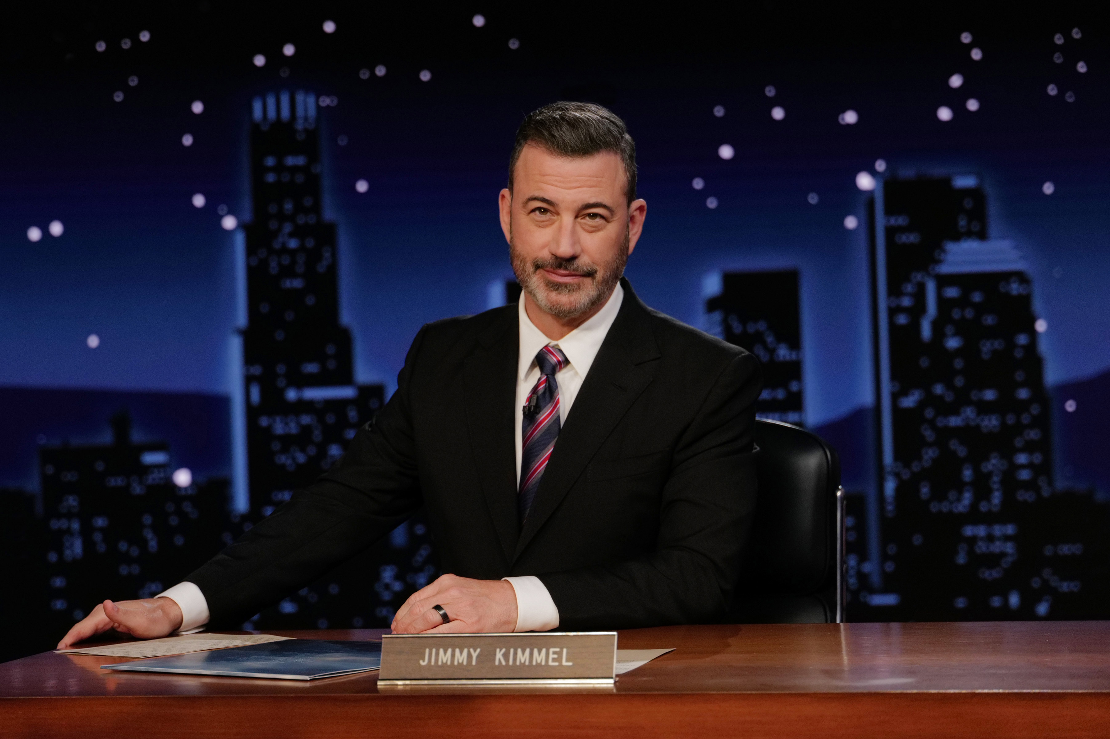 35 p.m. ET and features a diverse lineup of guests that include celebrities, athletes, musical acts, comedians and human interest subjects, along with comedy bits and a house band. The guests for Tuesday, September 23 included Glen Powell ("Chad Powers"), and musical guest Sarah McLachlan. (Disney/Randy Holmes)  JIMMY KIMMEL (Photo by Randy Holmes/Disney via Getty Images)