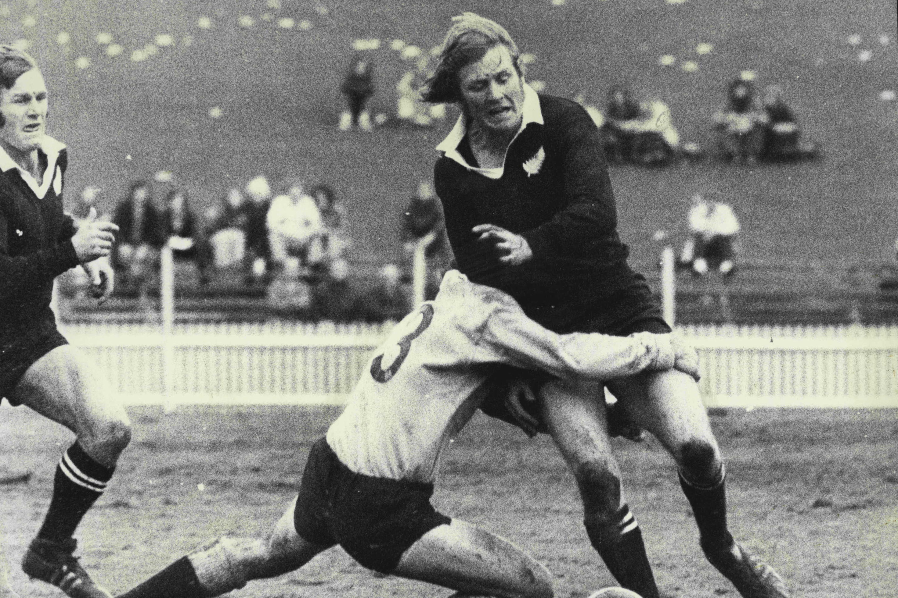 NSW centre John Wetherstone makes an effective tackle of his opposite number Bruce Robertson in the NSW vs All Blacks game on May 18, 1974.