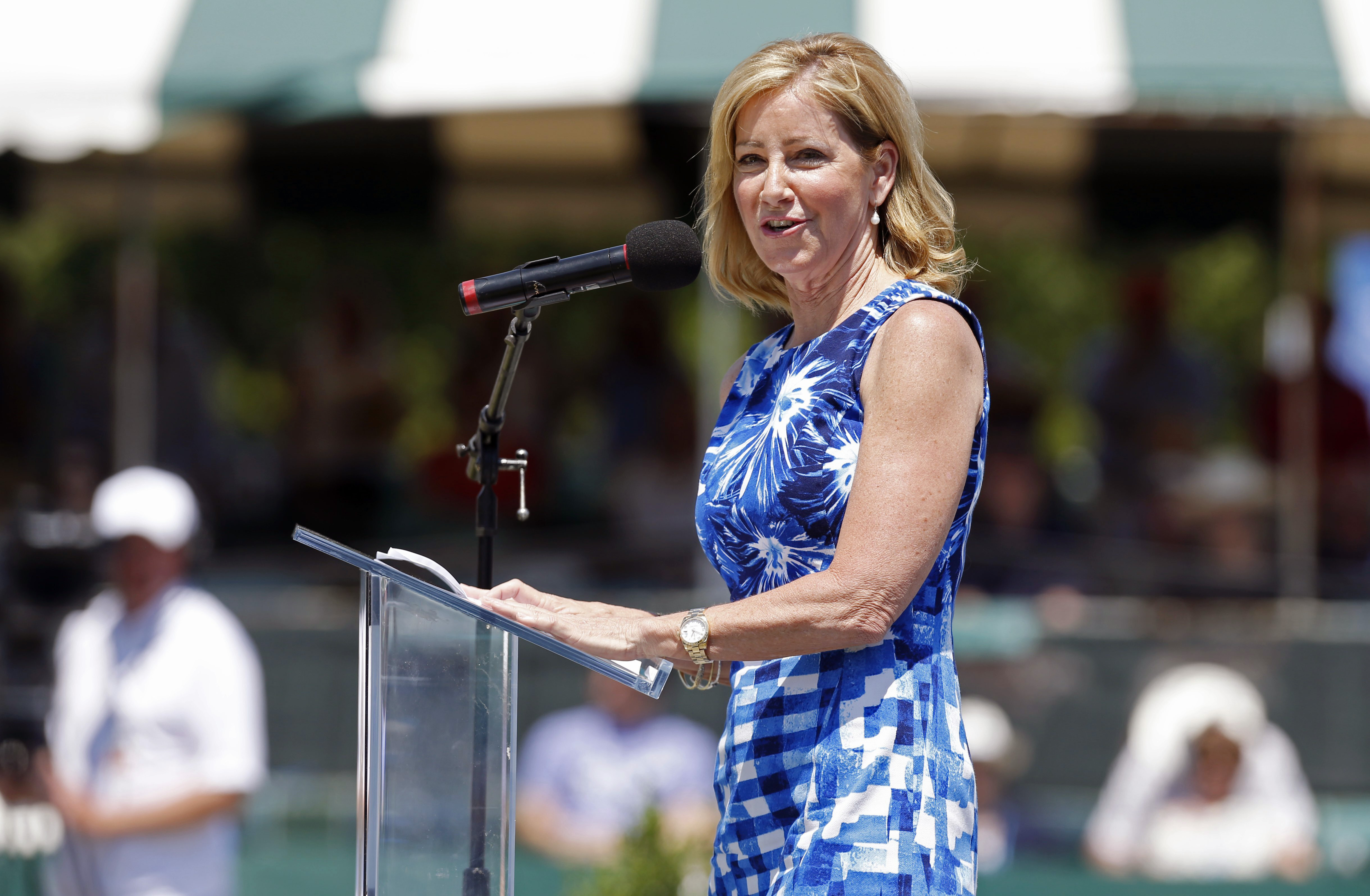Chris Evert speaks during the induction ceremony at the International Tennis Hall of Fame.