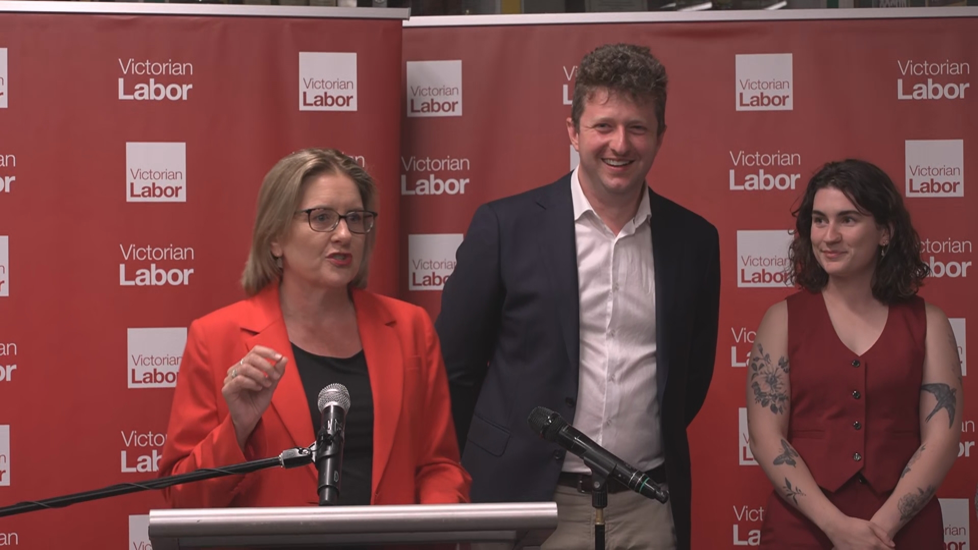 Victorian Premier Jacinta Allan addressed the party faithful on Saturday night to give an update on the Werribee and ﻿Prahran byelections as ﻿vote counts trickle in.