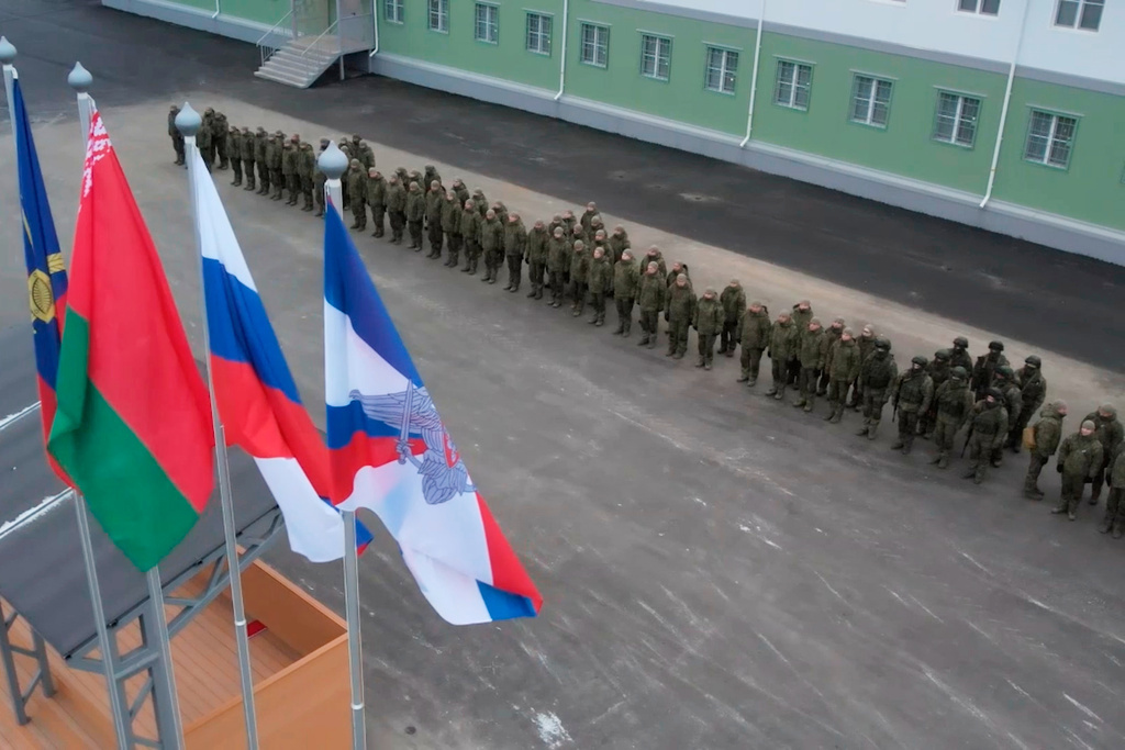 Russian troops line up at a base in Belarus