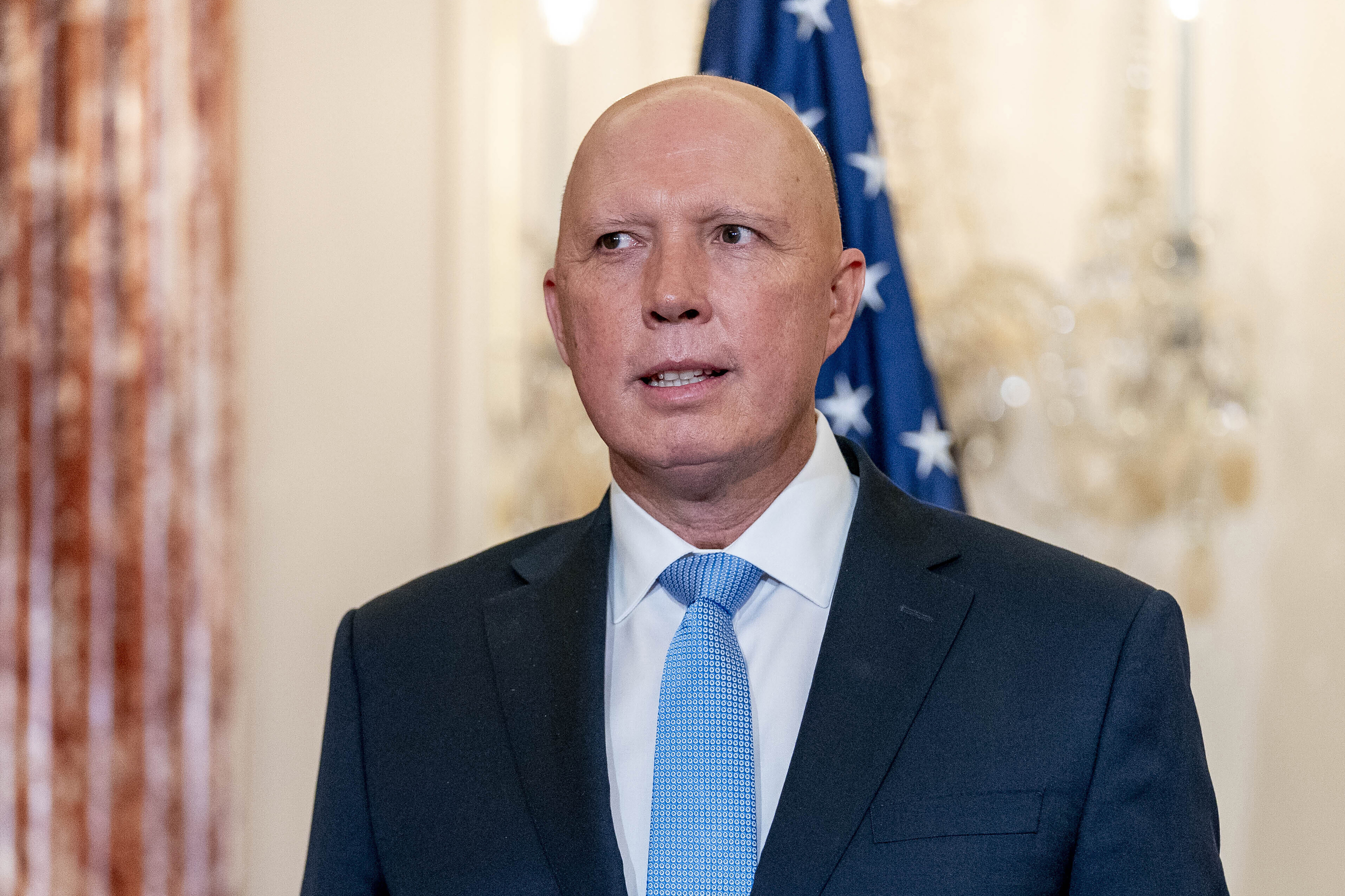 Australian Minister of Defense Peter Dutton, poses for a group photograph with Australian Foreign Minister Marise Payne, Secretary of State Antony Blinken, and Defense Secretary Lloyd Austin at the State Department in Washington, Thursday, Sept. 16, 2021. (AP Photo/Andrew Harnik, Pool)