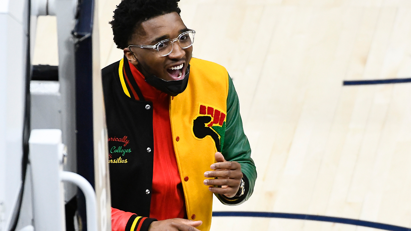 Donovan Mitchell #45 of the Utah Jazz looks on in Game One 