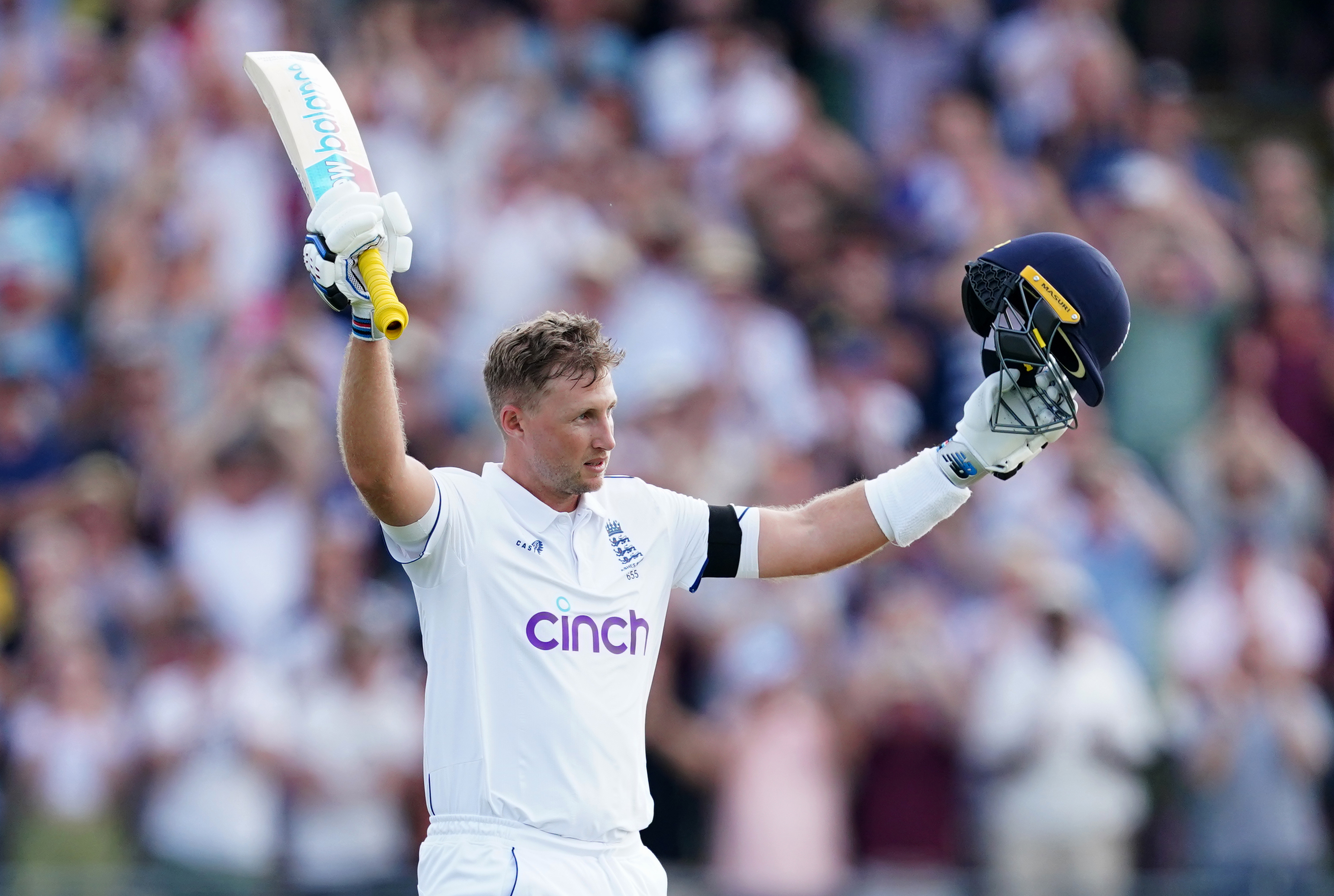 England's Joe Root celebrates reaching his century on day one of the first Ashes test match at Edgbaston, Birmingham. Picture date: Friday June 16, 2023. (Photo by Mike Egerton/PA Images via Getty Images)