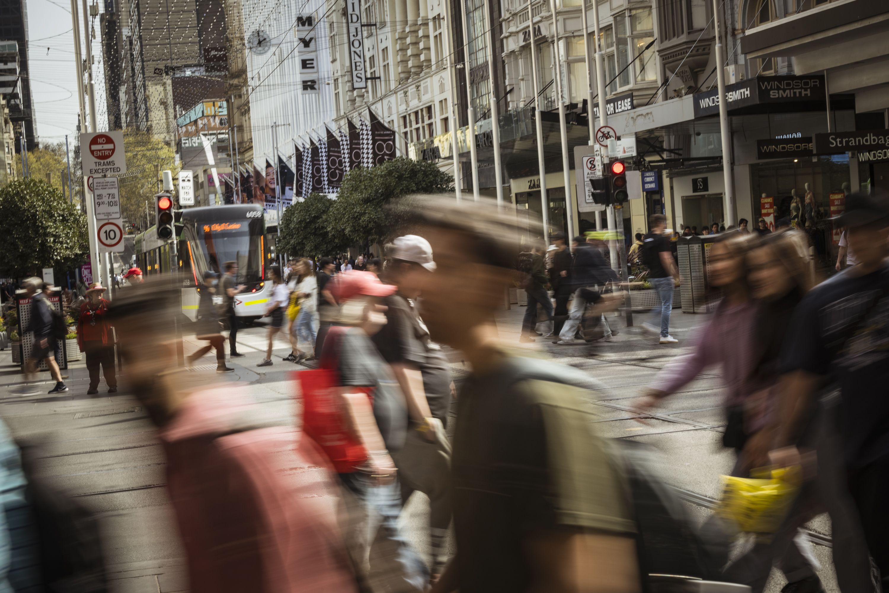 Pedestrians on Bourke Street in Melbourne.